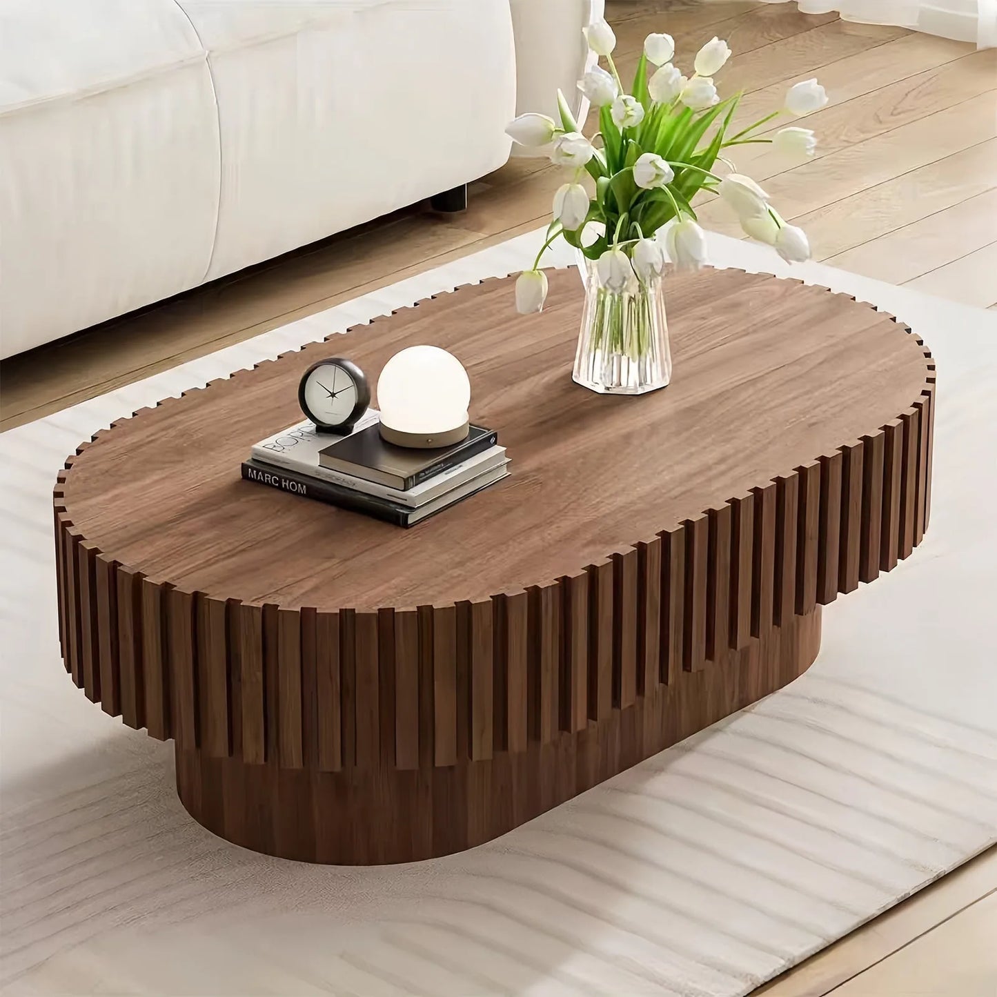 Oval Coffee Table, Mid Century Modern Fluted Coffee Table with Pedestal, Classic Wood Coffee Table for Living Room, Bedroom, Apartment, Office, Small Space, 43.1' Walnut detail view 2