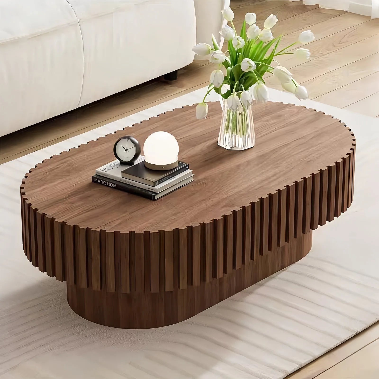 Oval Coffee Table, Mid Century Modern Fluted Coffee Table with Pedestal, Classic Wood Coffee Table for Living Room, Bedroom, Apartment, Office, Small Space, 43.1' Walnut detail view 2