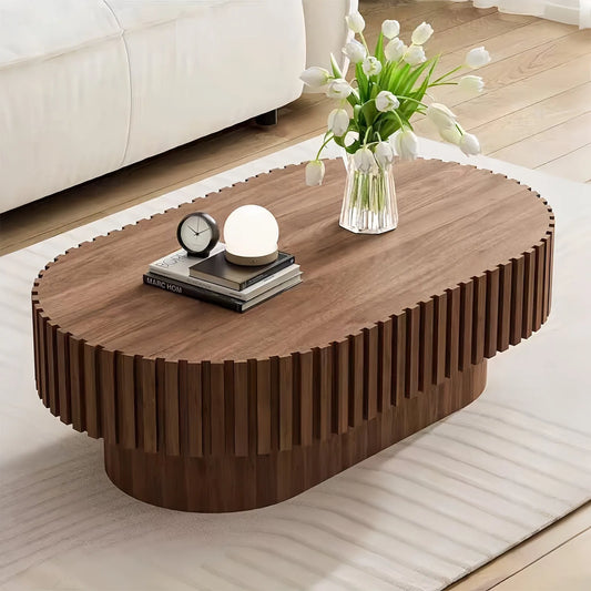 Oval Coffee Table, Mid Century Modern Fluted Coffee Table with Pedestal, Classic Wood Coffee Table for Living Room, Bedroom, Apartment, Office, Small Space, 43.1' Walnut detail view 2