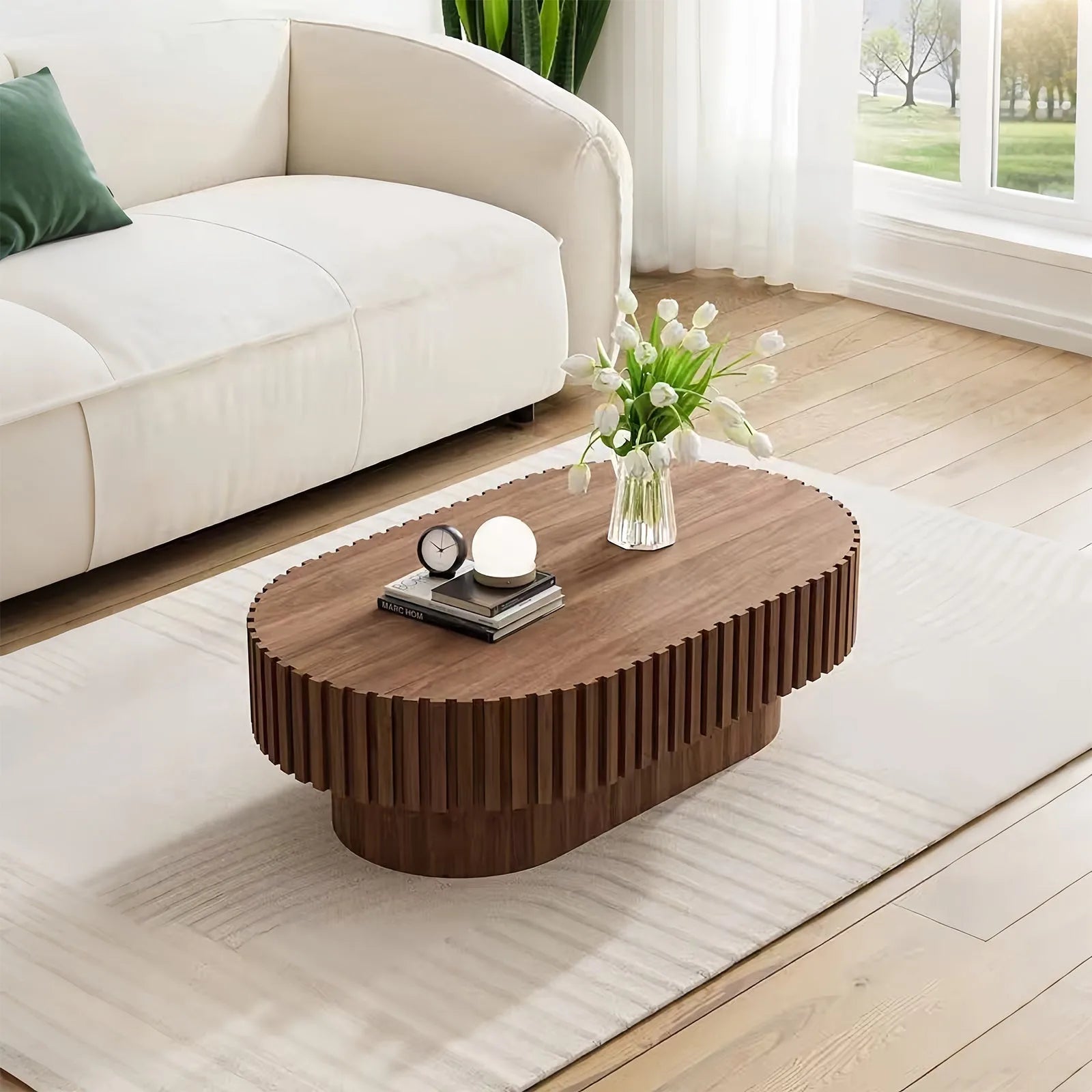 Oval Coffee Table, Mid Century Modern Fluted Coffee Table with Pedestal, Classic Wood Coffee Table for Living Room, Bedroom, Apartment, Office, Small Space, 43.1' Walnut detail view 3