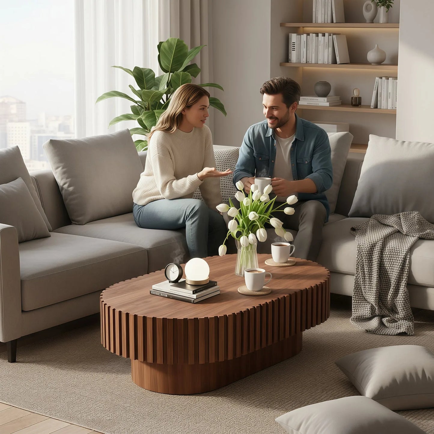 Oval Coffee Table, Mid Century Modern Fluted Coffee Table with Pedestal, Classic Wood Coffee Table for Living Room, Bedroom, Apartment, Office, Small Space, 43.1' Walnut detail view 4