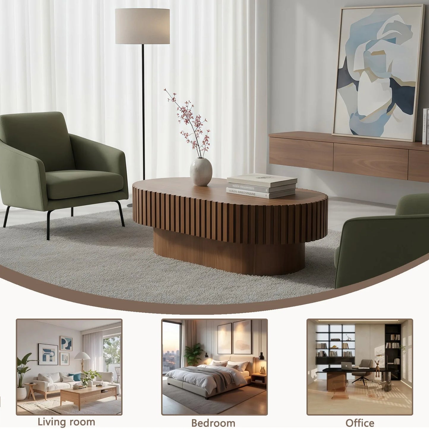 Oval Coffee Table, Mid Century Modern Fluted Coffee Table with Pedestal, Classic Wood Coffee Table for Living Room, Bedroom, Apartment, Office, Small Space, 43.1' Walnut detail view 5