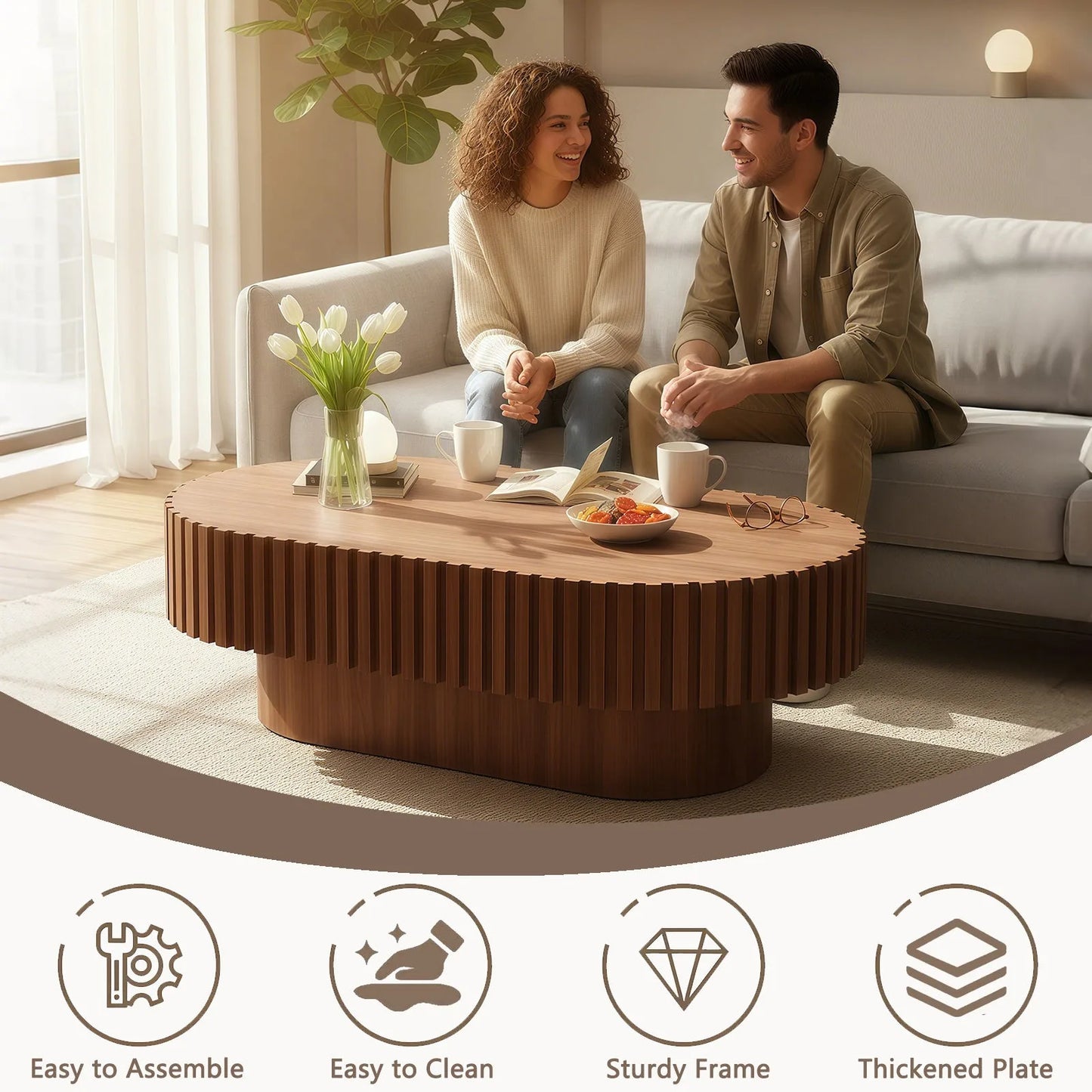 Oval Coffee Table, Mid Century Modern Fluted Coffee Table with Pedestal, Classic Wood Coffee Table for Living Room, Bedroom, Apartment, Office, Small Space, 43.1' Walnut detail view 6