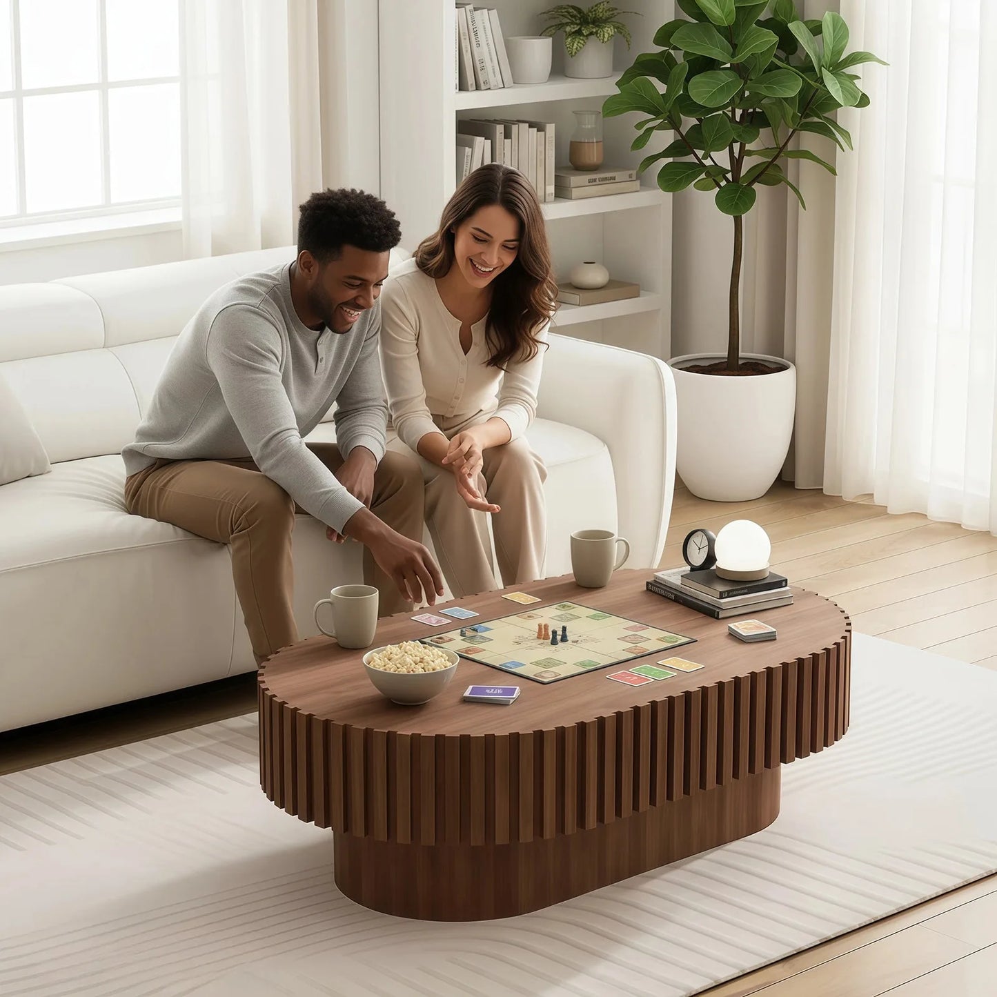 Oval Coffee Table, Mid Century Modern Fluted Coffee Table with Pedestal, Classic Wood Coffee Table for Living Room, Bedroom, Apartment, Office, Small Space, 43.1' Walnut detail view 7