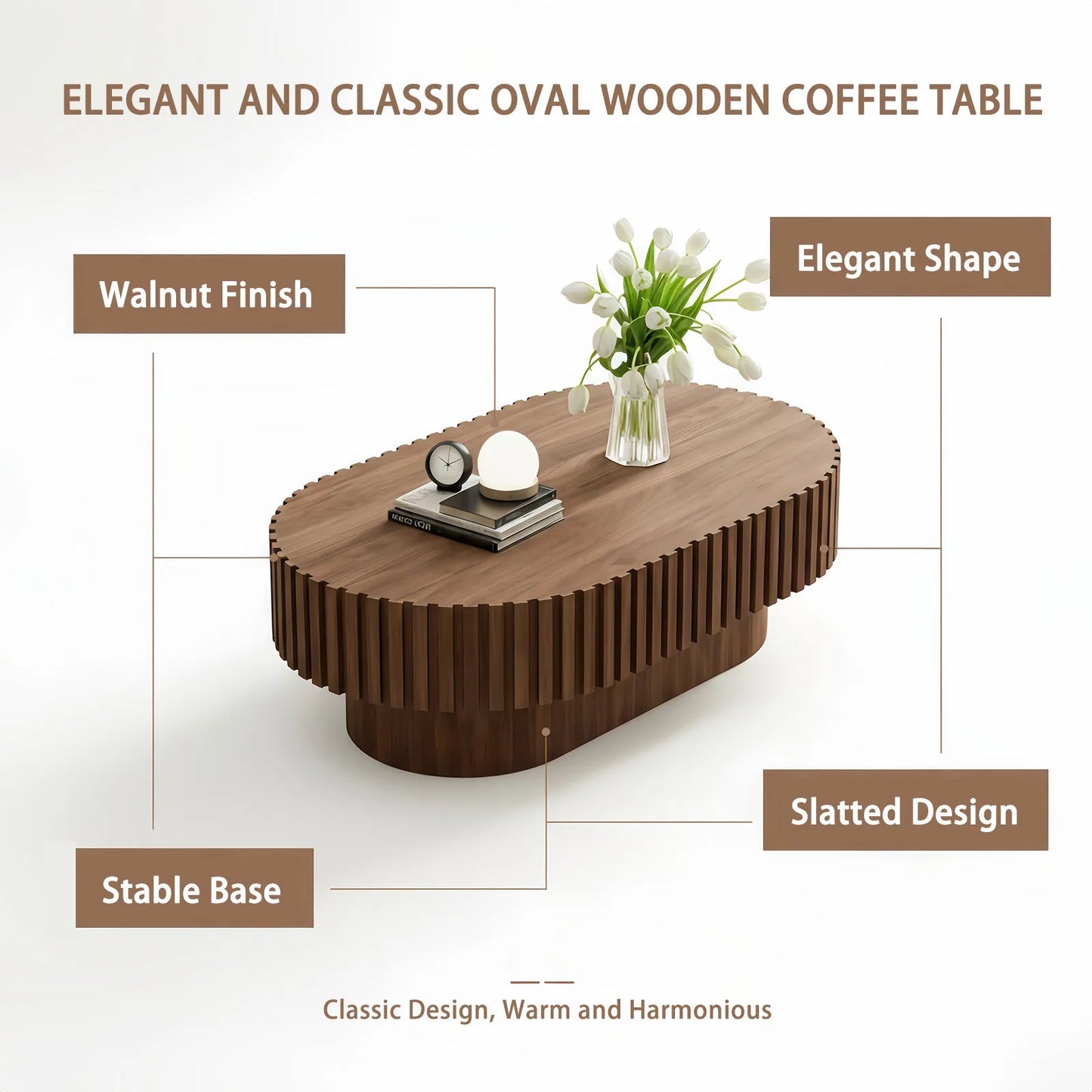 Oval Coffee Table, Mid Century Modern Fluted Coffee Table with Pedestal, Classic Wood Coffee Table for Living Room, Bedroom, Apartment, Office, Small Space, 43.1' Walnut detail view 8