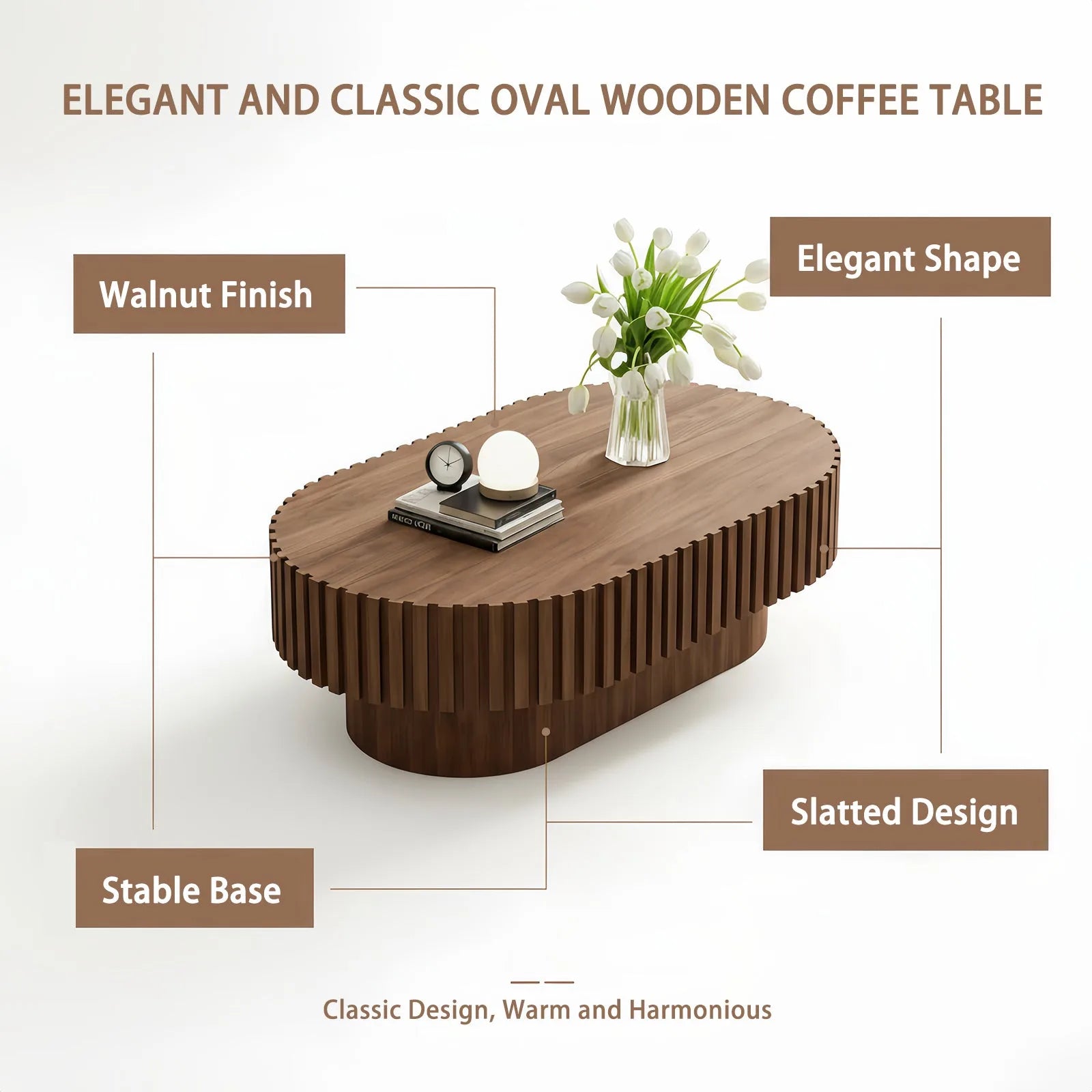 Oval Coffee Table, Mid Century Modern Fluted Coffee Table with Pedestal, Classic Wood Coffee Table for Living Room, Bedroom, Apartment, Office, Small Space, 43.1' Walnut detail view 8