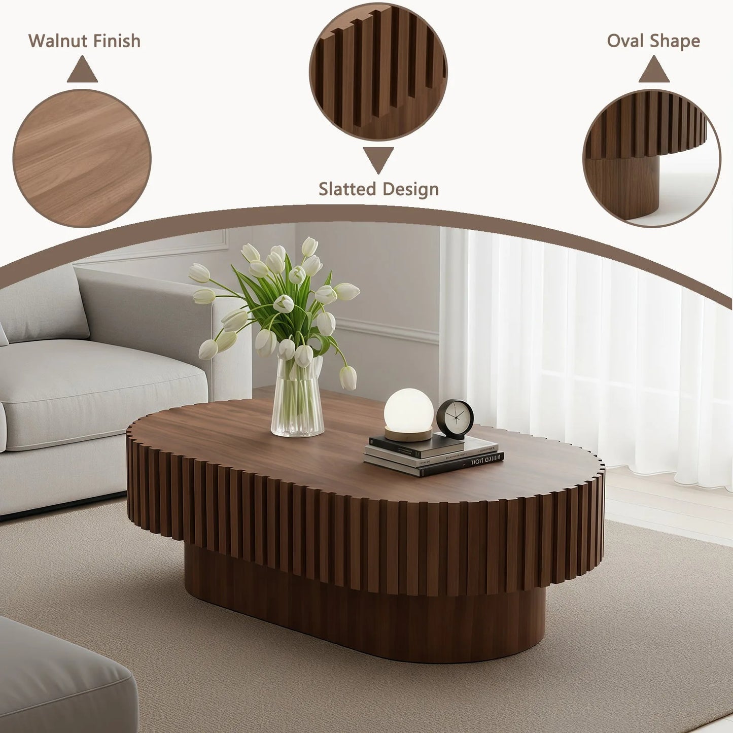 Oval Coffee Table, Mid Century Modern Fluted Coffee Table with Pedestal, Classic Wood Coffee Table for Living Room, Bedroom, Apartment, Office, Small Space, 43.1' Walnut detail view 9