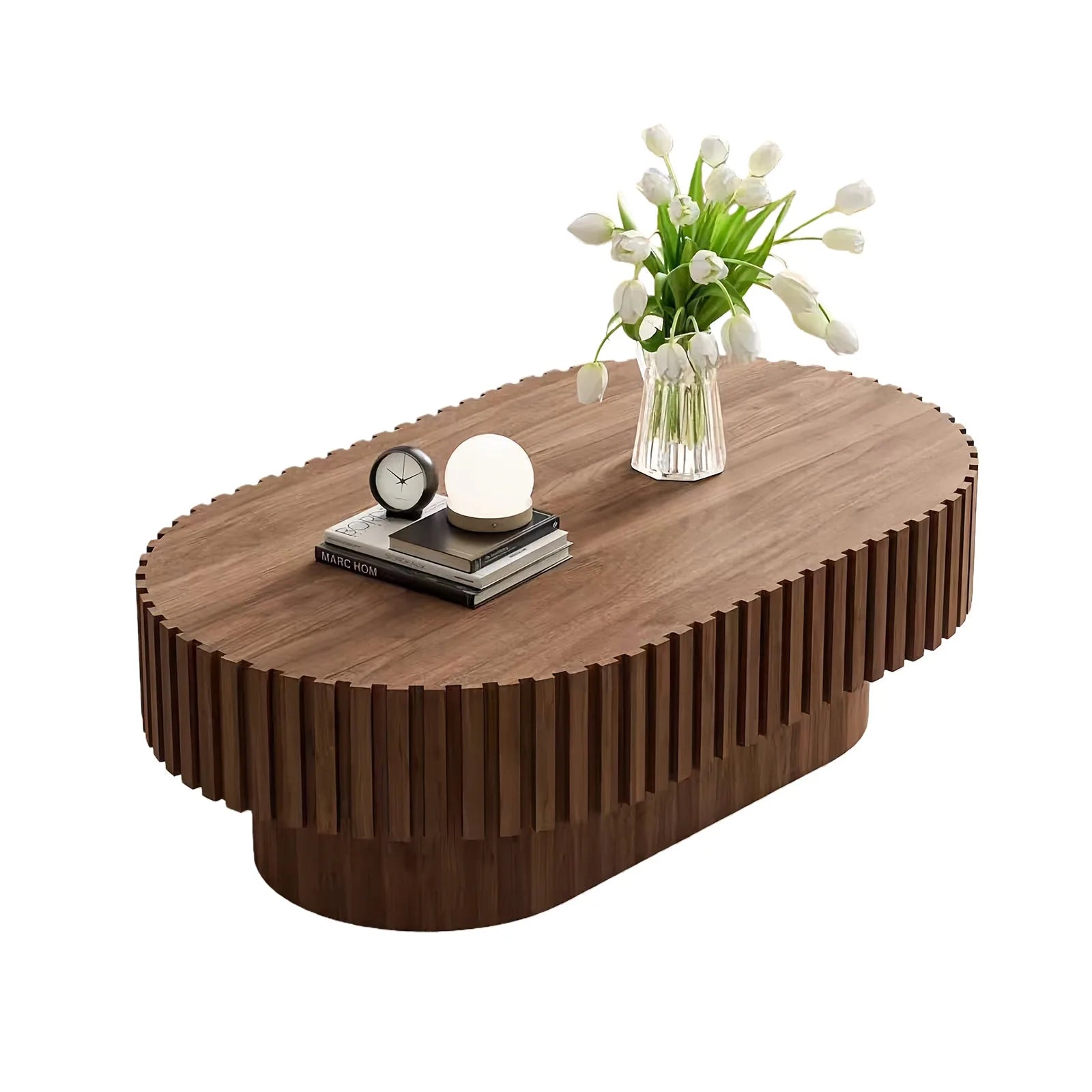 Oval Coffee Table, Mid Century Modern Fluted Coffee Table with Pedestal, Classic Wood Coffee Table for Living Room, Bedroom, Apartment, Office, Small Space, 43.1' Walnut detail view 10