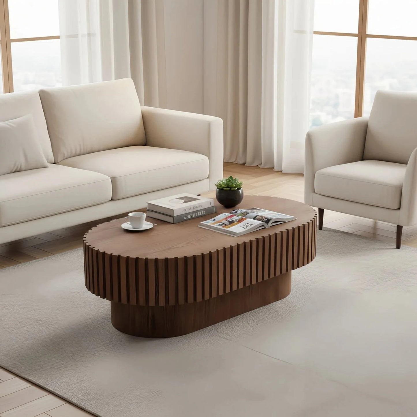 Oval Coffee Table, Mid Century Modern Fluted Coffee Table with Pedestal, Classic Wood Coffee Table for Living Room, Bedroom, Apartment, Office, Small Space, 43.1' Walnut detail view 11