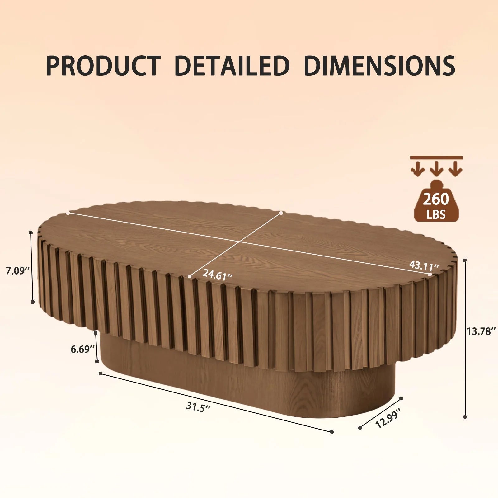 Oval Coffee Table, Mid Century Modern Fluted Coffee Table with Pedestal, Classic Wood Coffee Table for Living Room, Bedroom, Apartment, Office, Small Space, 43.1' Walnut detail view 12