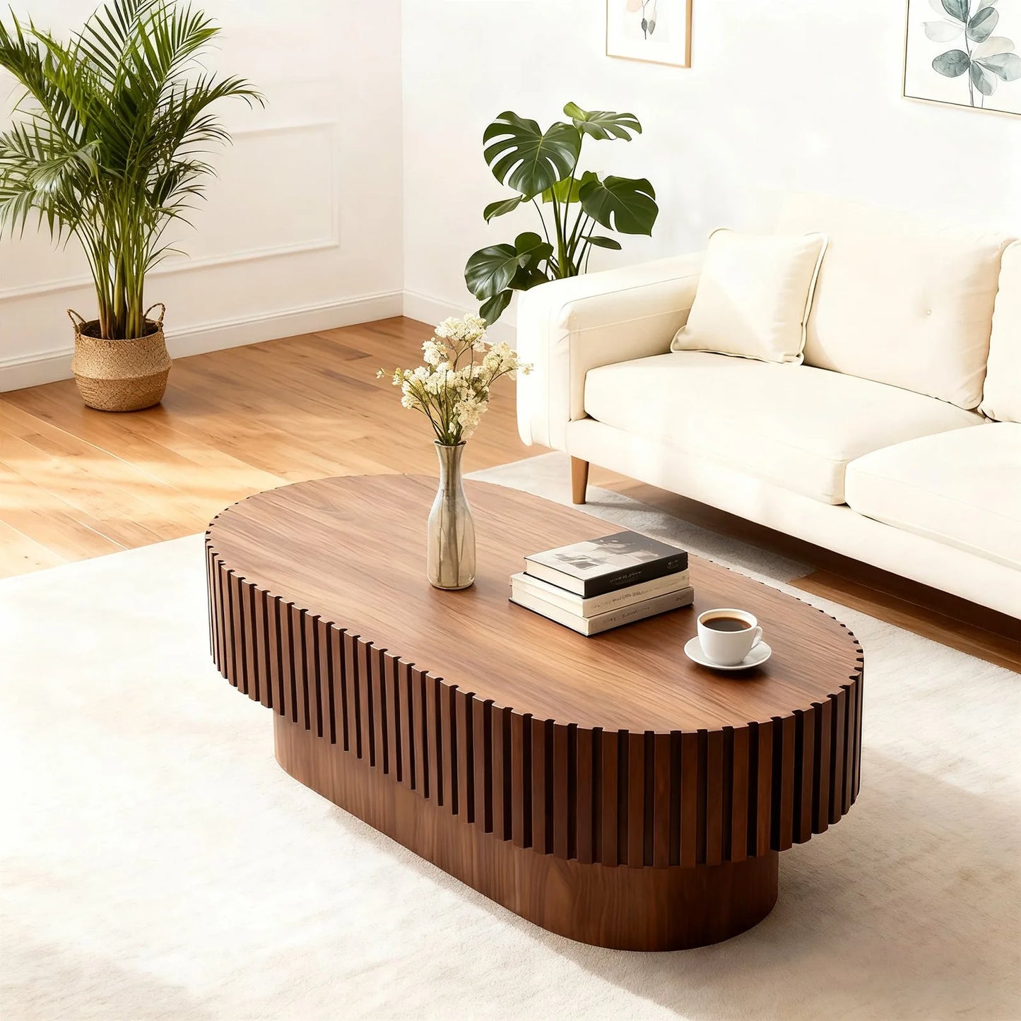 Oval Coffee Table, Mid Century Modern Fluted Coffee Table with Pedestal, Classic Wood Coffee Table for Living Room, Bedroom, Apartment, Office, Small Space, 43.1' Walnut detail view 13