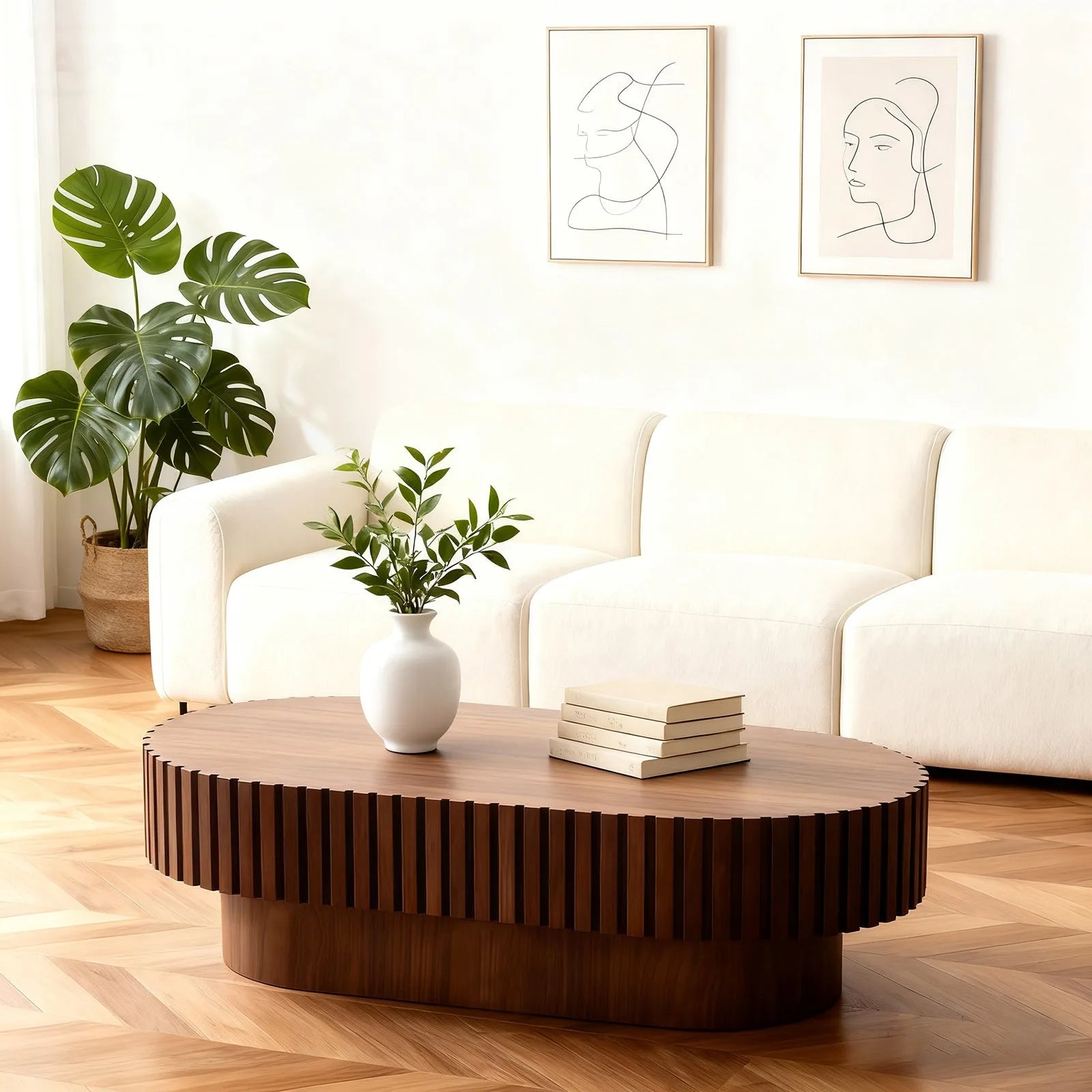 Oval Coffee Table, Mid Century Modern Fluted Coffee Table with Pedestal, Classic Wood Coffee Table for Living Room, Bedroom, Apartment, Office, Small Space, 43.1' Walnut detail view 14