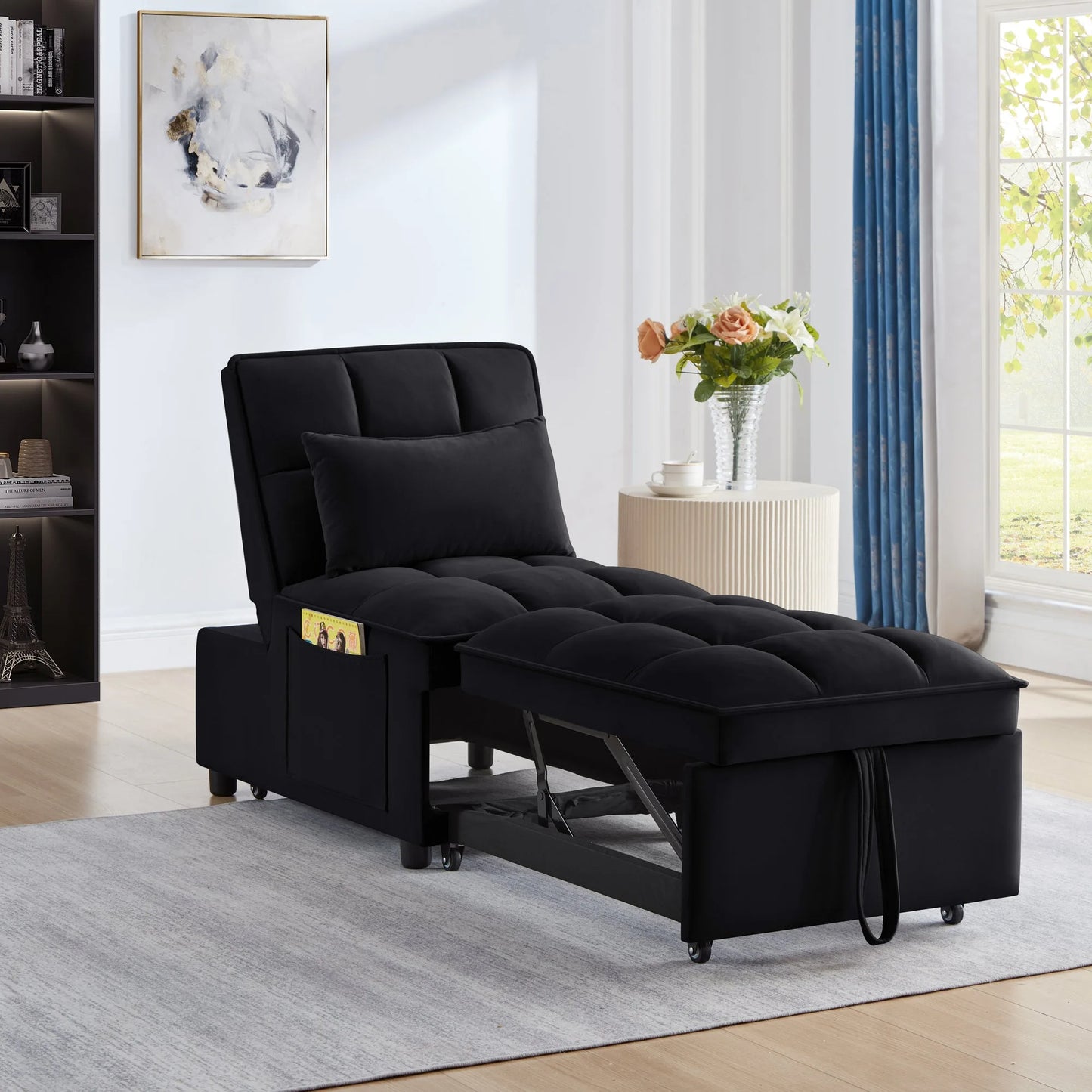 4 in1 Multi-Function Single Sofa Bed with Storage Pockets, Tufted Single Pull-out Sofa Bed with Adjustable Backrest and Pillows, Convertible Chaise Lounge, Black lifestyle view