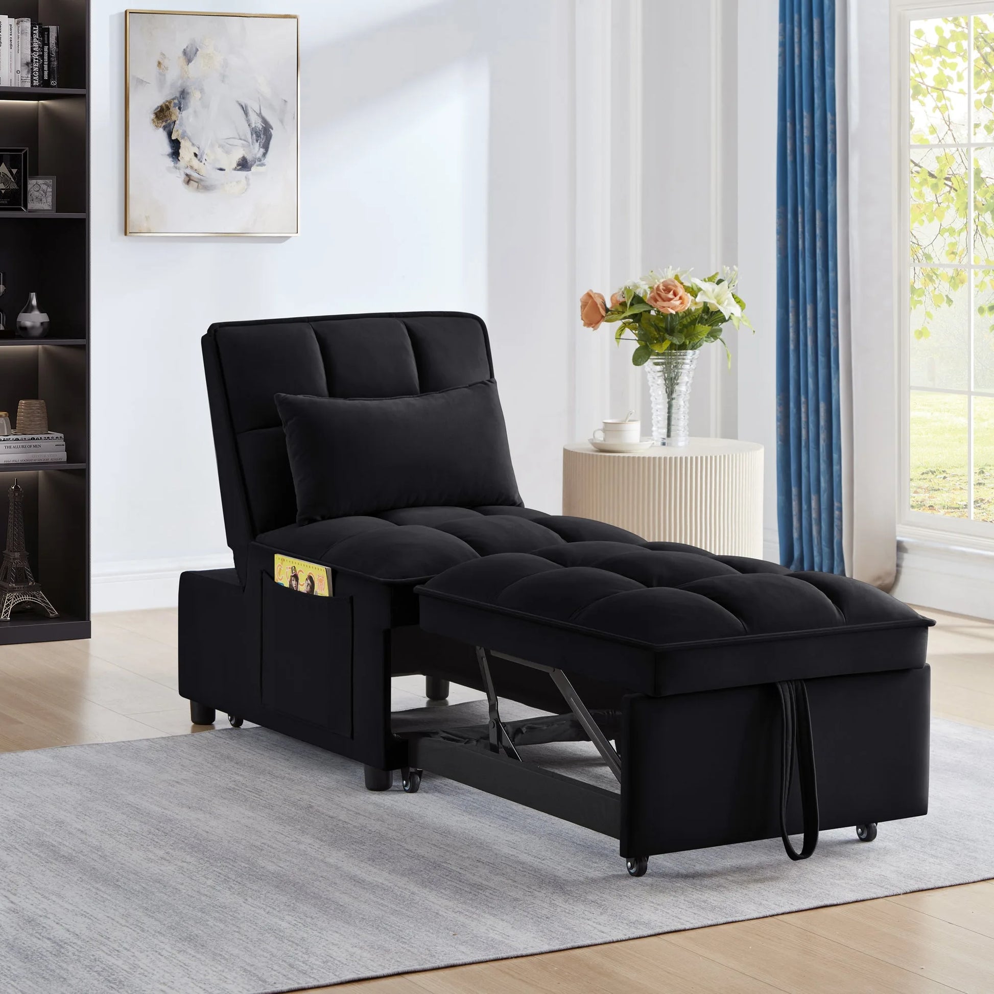 4 in1 Multi-Function Single Sofa Bed with Storage Pockets, Tufted Single Pull-out Sofa Bed with Adjustable Backrest and Pillows, Convertible Chaise Lounge, Black lifestyle view
