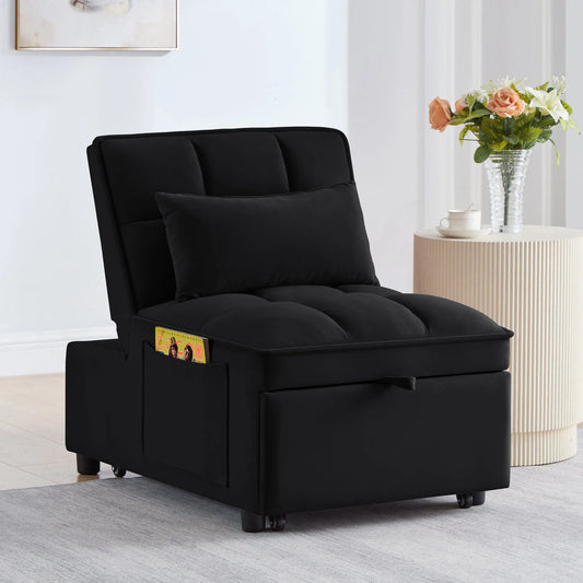 4 in1 Multi-Function Single Sofa Bed with Storage Pockets, Tufted Single Pull-out Sofa Bed with Adjustable Backrest and Pillows, Convertible Chaise Lounge, Black detail view 2