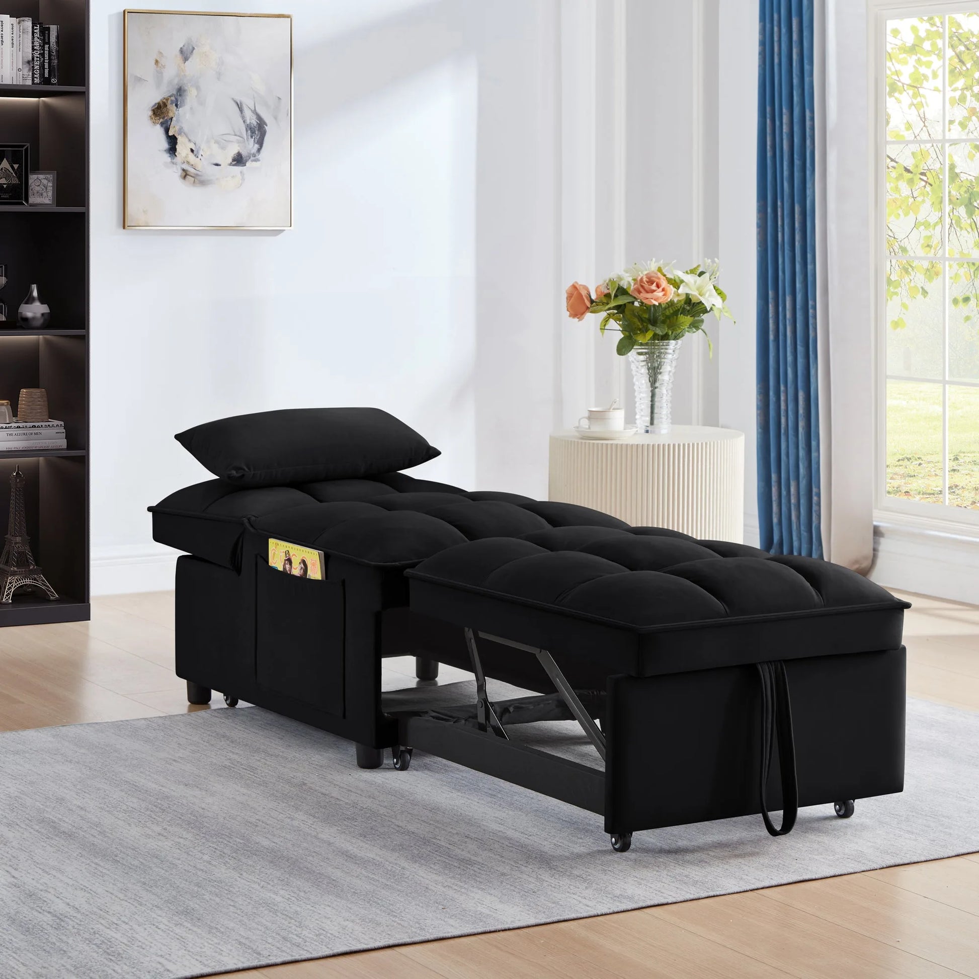 4 in1 Multi-Function Single Sofa Bed with Storage Pockets, Tufted Single Pull-out Sofa Bed with Adjustable Backrest and Pillows, Convertible Chaise Lounge, Black detail view 3