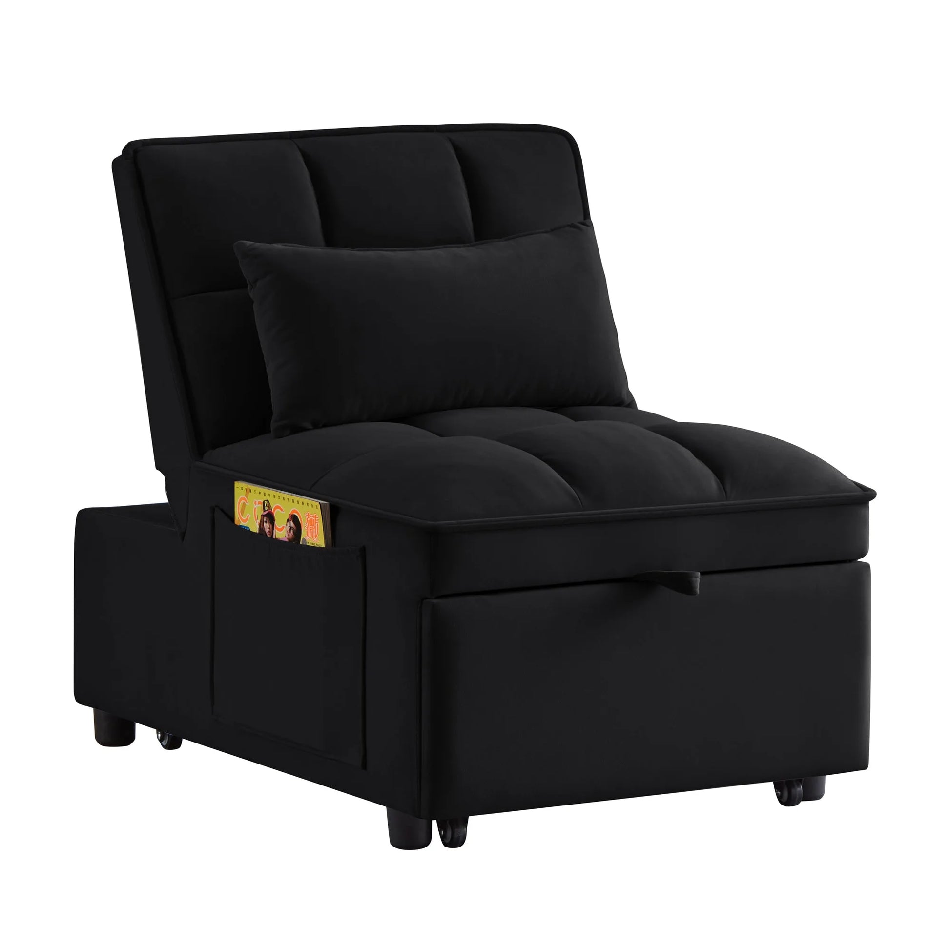 4 in1 Multi-Function Single Sofa Bed with Storage Pockets, Tufted Single Pull-out Sofa Bed with Adjustable Backrest and Pillows, Convertible Chaise Lounge, Black detail view 4