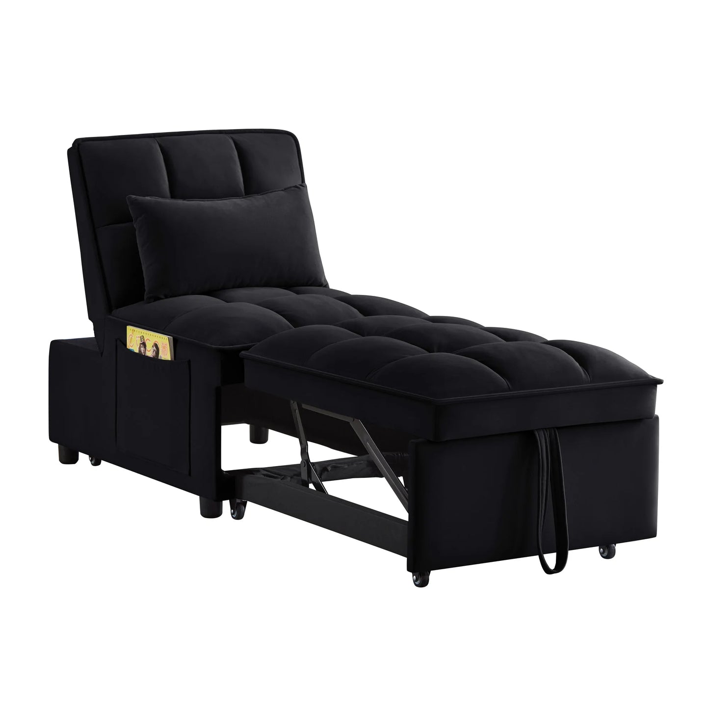 4 in1 Multi-Function Single Sofa Bed with Storage Pockets, Tufted Single Pull-out Sofa Bed with Adjustable Backrest and Pillows, Convertible Chaise Lounge, Black detail view 10