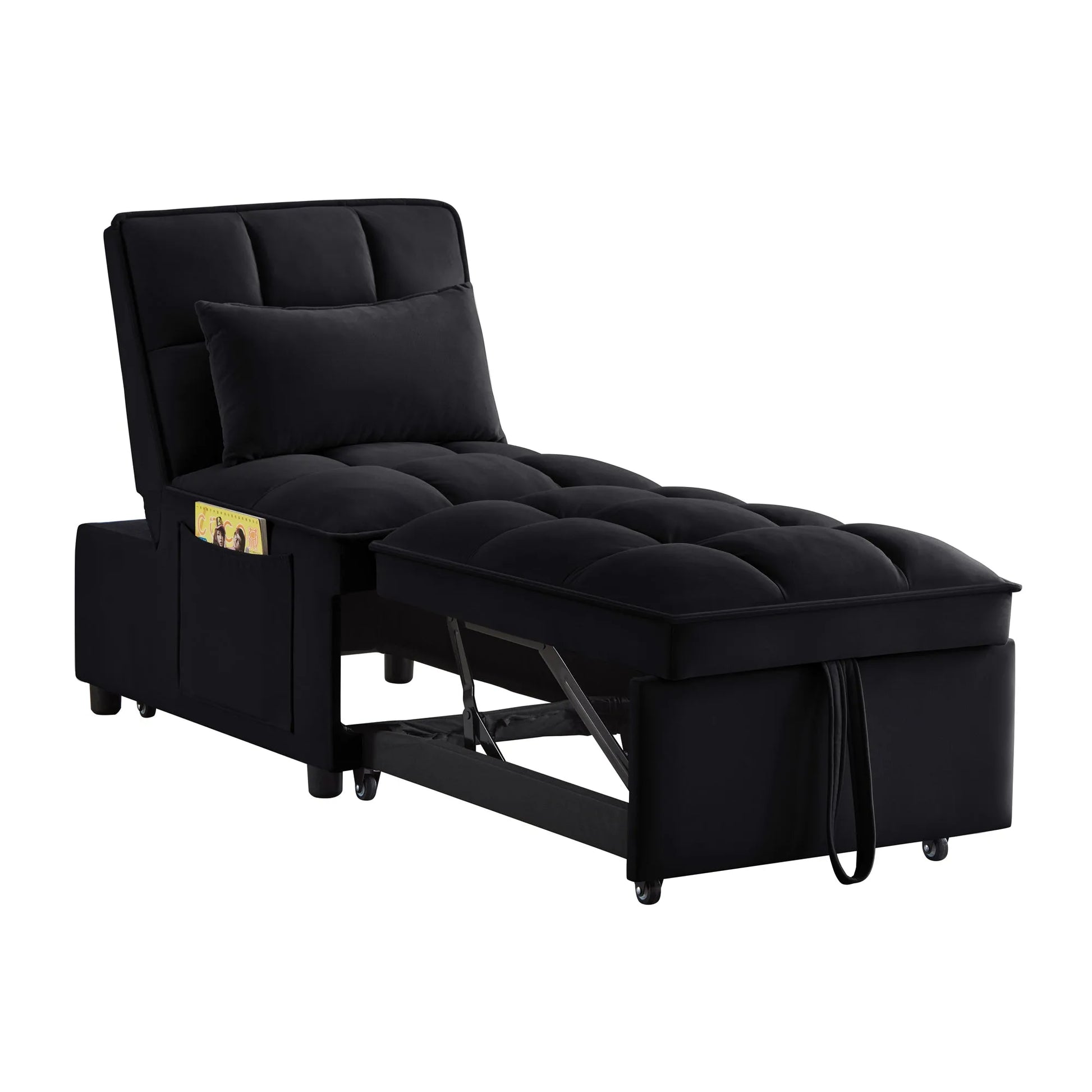 4 in1 Multi-Function Single Sofa Bed with Storage Pockets, Tufted Single Pull-out Sofa Bed with Adjustable Backrest and Pillows, Convertible Chaise Lounge, Black detail view 10