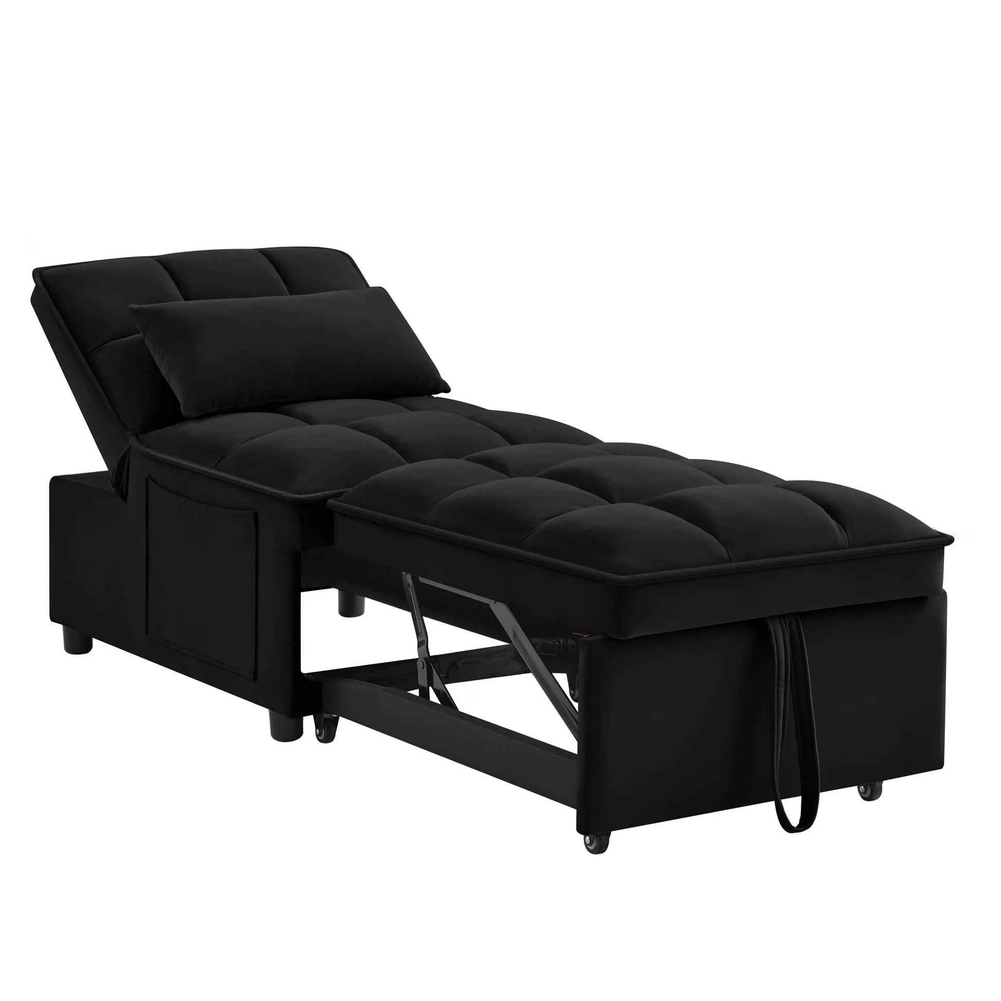 4 in1 Multi-Function Single Sofa Bed with Storage Pockets, Tufted Single Pull-out Sofa Bed with Adjustable Backrest and Pillows, Convertible Chaise Lounge, Black detail view 11