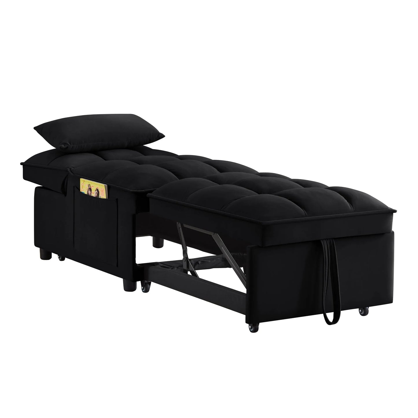 4 in1 Multi-Function Single Sofa Bed with Storage Pockets, Tufted Single Pull-out Sofa Bed with Adjustable Backrest and Pillows, Convertible Chaise Lounge, Black detail view 12