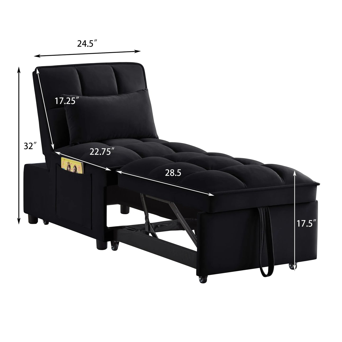 4 in1 Multi-Function Single Sofa Bed with Storage Pockets, Tufted Single Pull-out Sofa Bed with Adjustable Backrest and Pillows, Convertible Chaise Lounge, Black detail view 14