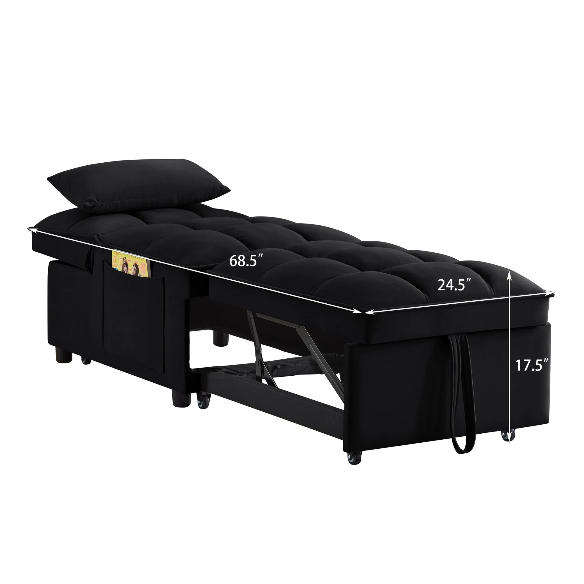 4 in1 Multi-Function Single Sofa Bed with Storage Pockets, Tufted Single Pull-out Sofa Bed with Adjustable Backrest and Pillows, Convertible Chaise Lounge, Black detail view 15