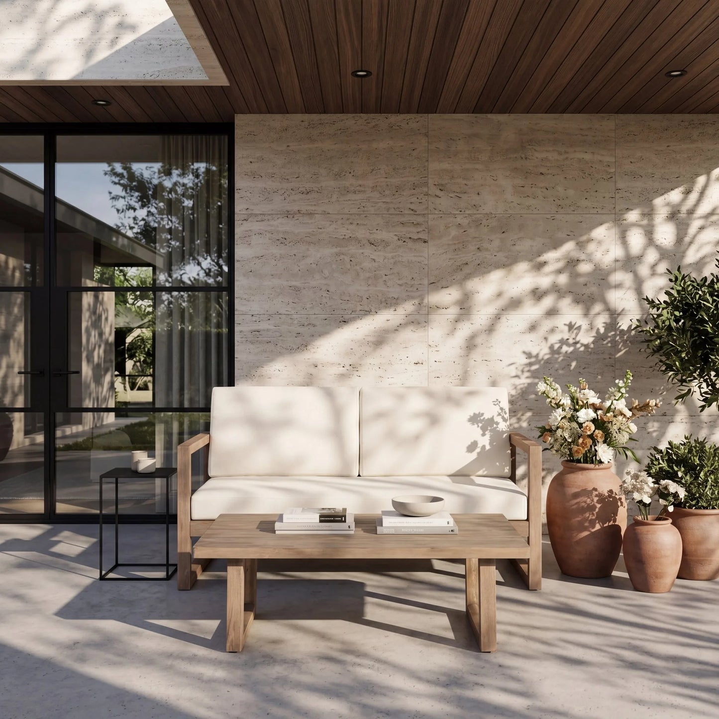 Outdoor Acacia Wood Loveseat and Coffee Table Set with Cushions, Brown Wash, Beige lifestyle view