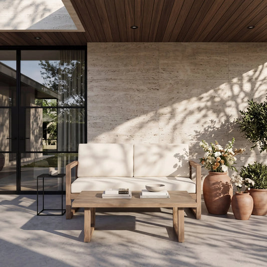 Outdoor Acacia Wood Loveseat and Coffee Table Set with Cushions, Brown Wash, Beige lifestyle view