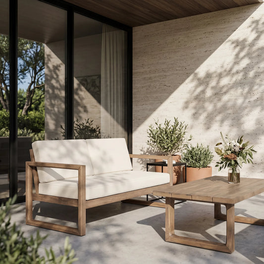 Outdoor Acacia Wood Loveseat and Coffee Table Set with Cushions, Brown Wash, Beige detail view 2