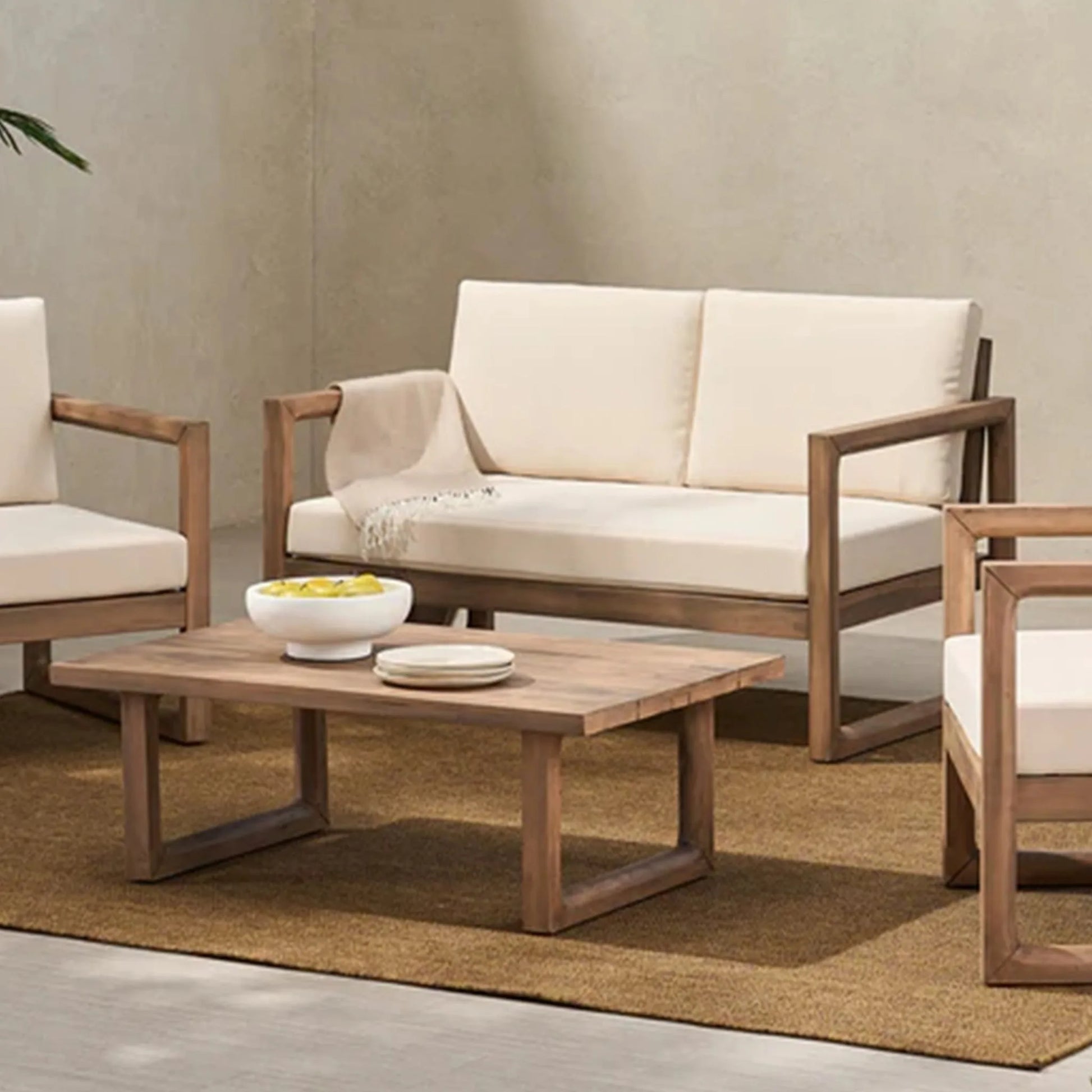 Outdoor Acacia Wood Loveseat and Coffee Table Set with Cushions, Brown Wash, Beige detail view 3