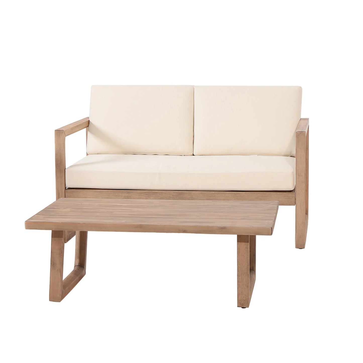 Outdoor Acacia Wood Loveseat and Coffee Table Set with Cushions, Brown Wash, Beige detail view 4