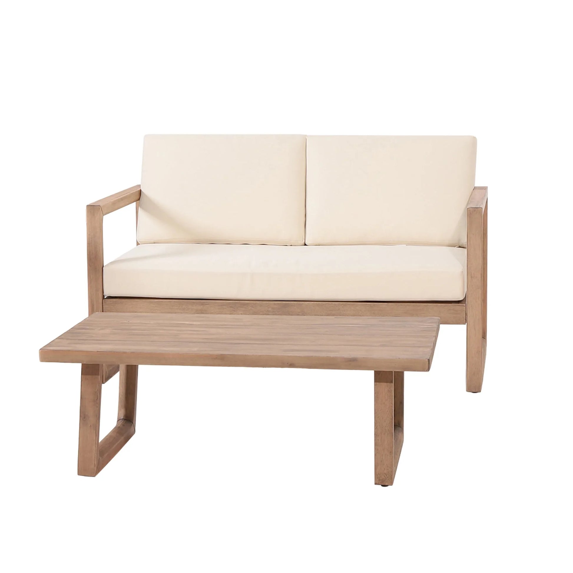 Outdoor Acacia Wood Loveseat and Coffee Table Set with Cushions, Brown Wash, Beige detail view 4
