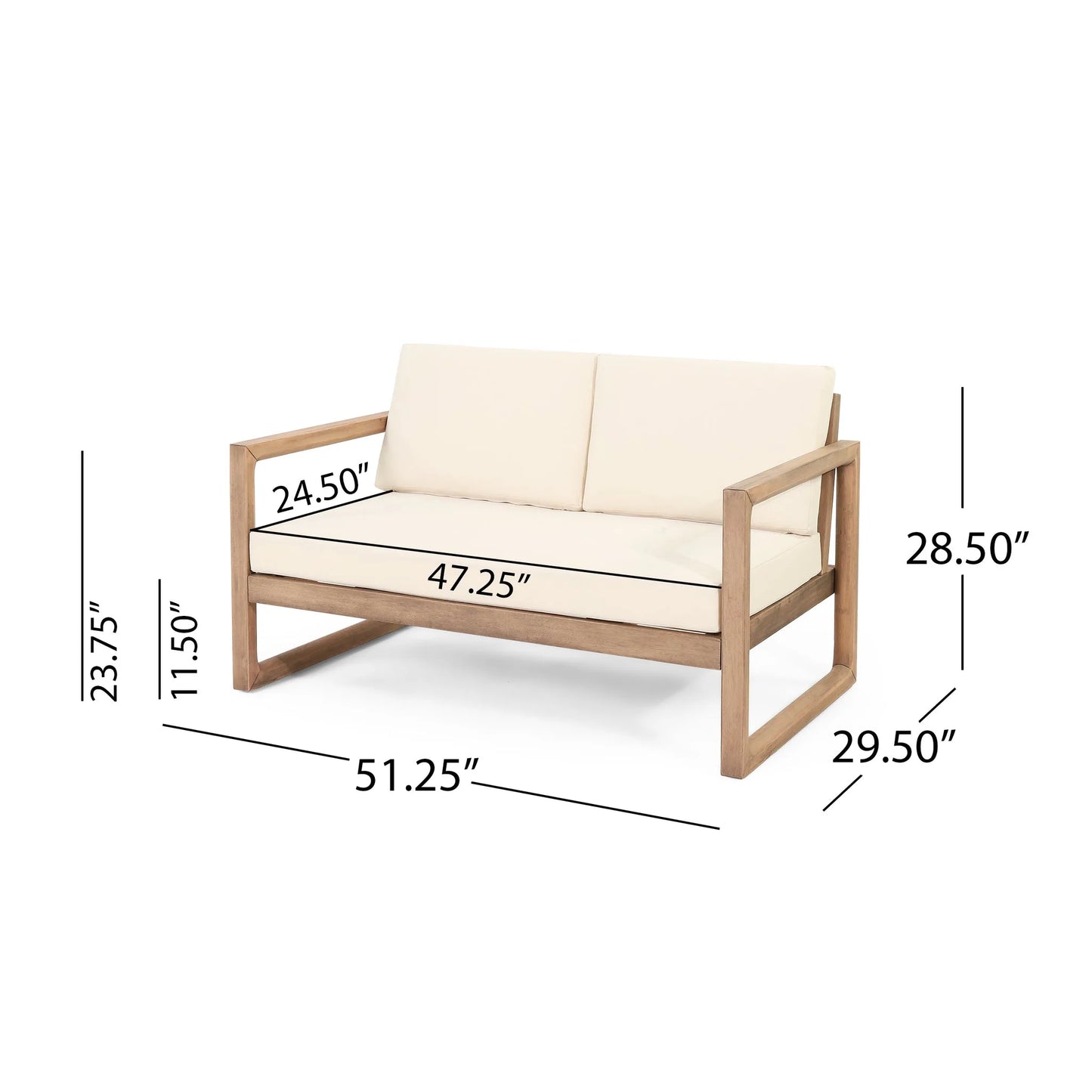 Outdoor Acacia Wood Loveseat and Coffee Table Set with Cushions, Brown Wash, Beige detail view 5