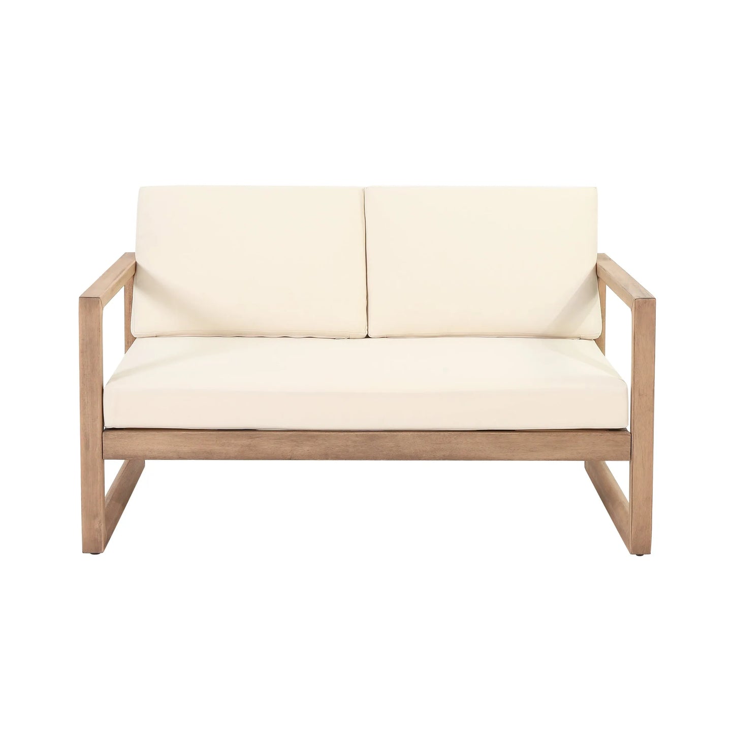 Outdoor Acacia Wood Loveseat and Coffee Table Set with Cushions, Brown Wash, Beige detail view 7