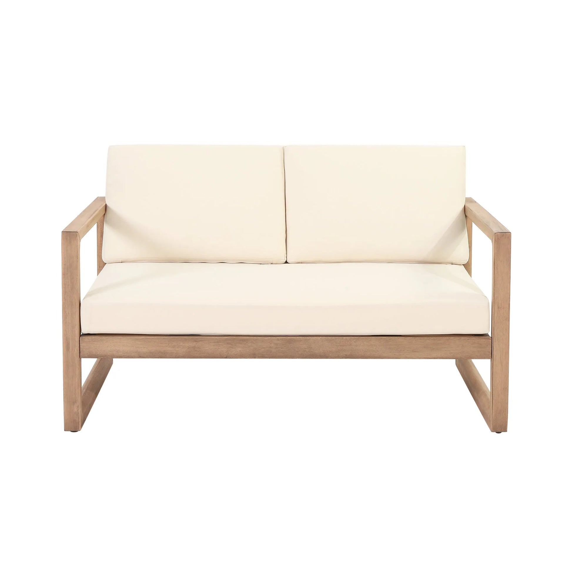 Outdoor Acacia Wood Loveseat and Coffee Table Set with Cushions, Brown Wash, Beige detail view 7