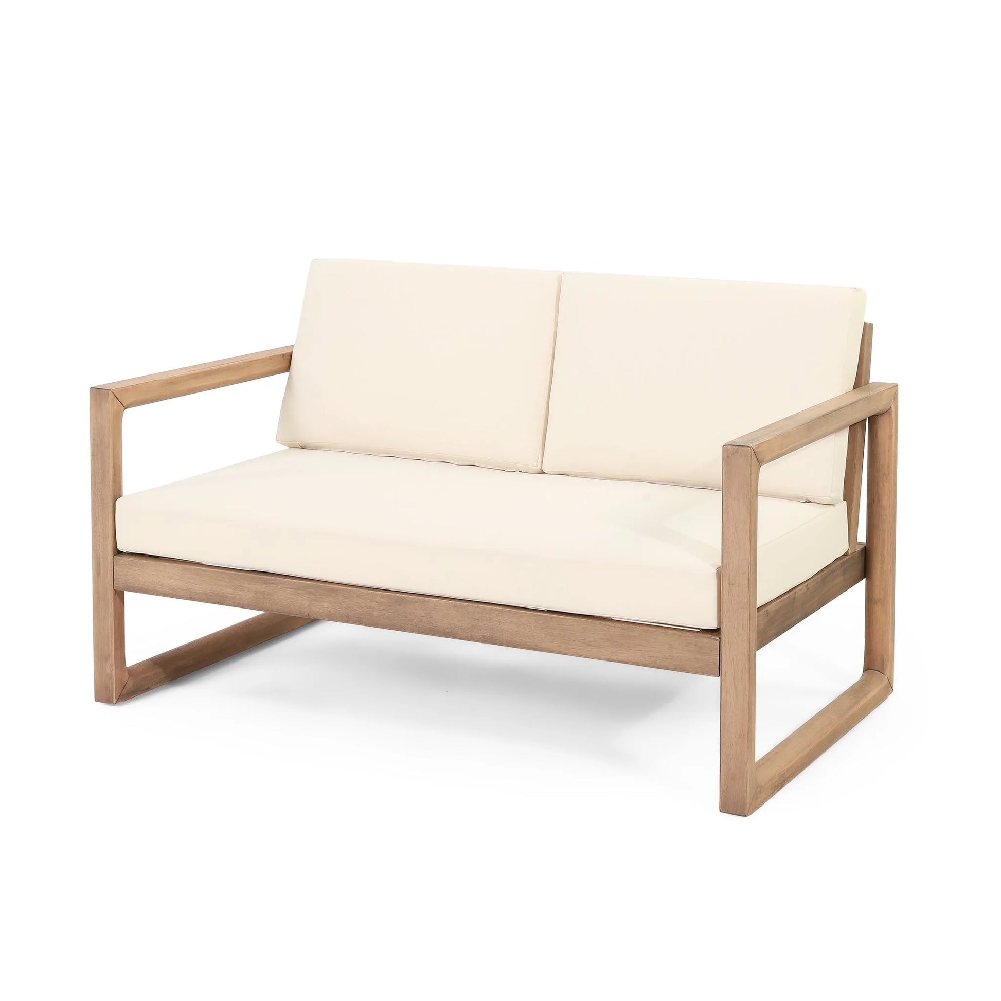 Outdoor Acacia Wood Loveseat and Coffee Table Set with Cushions, Brown Wash, Beige detail view 8