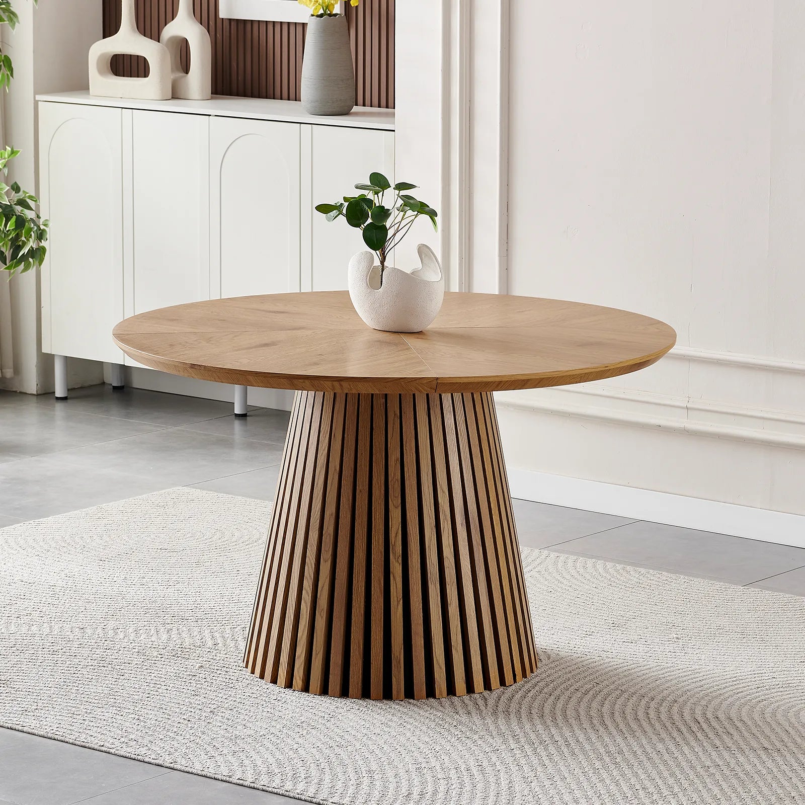 Wooden dining table, modern round kitchen dining table, fashionable design, suitable for family gatherings, multi-functional and space-saving, suitable for living room and dining room lifestyle view