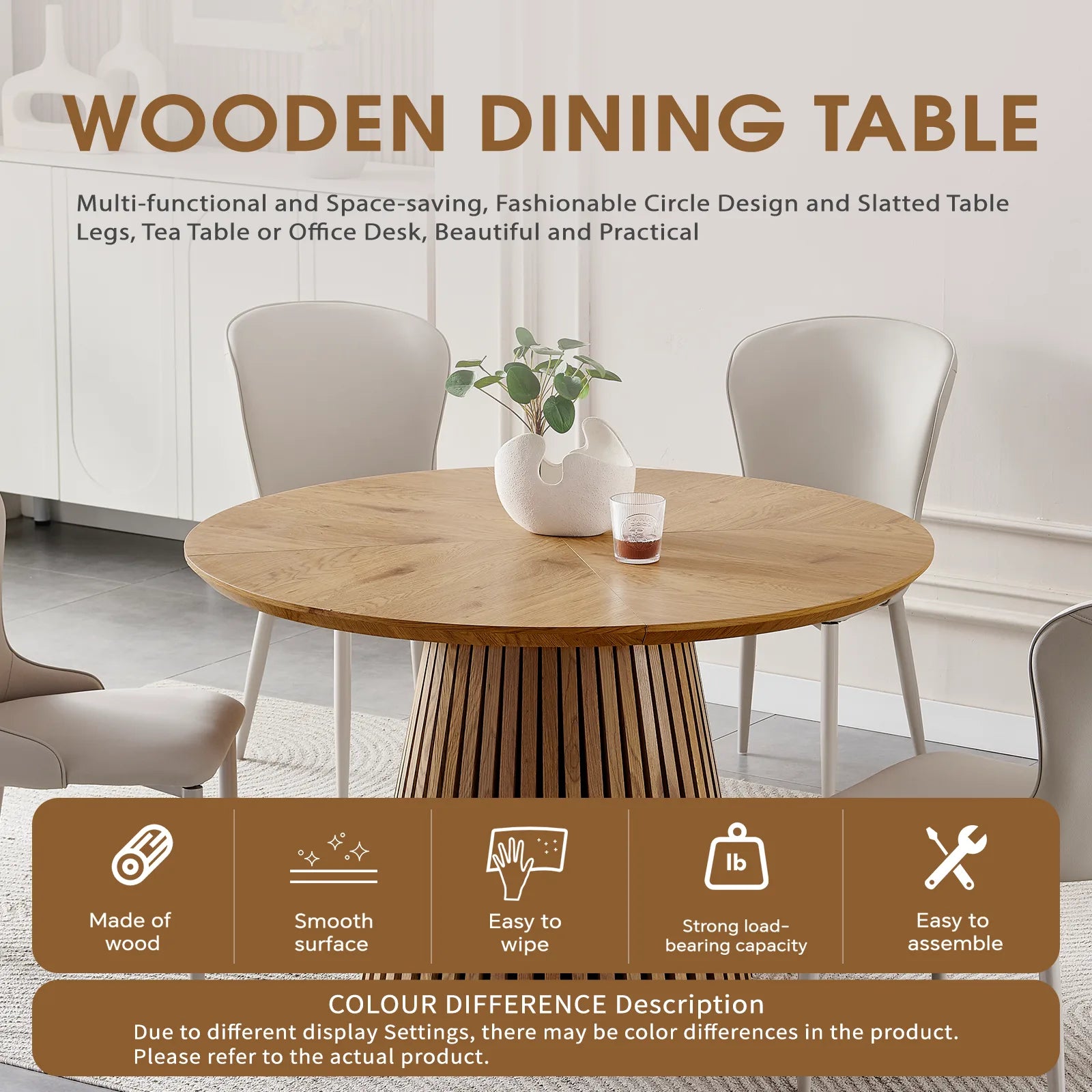 Wooden dining table, modern round kitchen dining table, fashionable design, suitable for family gatherings, multi-functional and space-saving, suitable for living room and dining room detail view 2