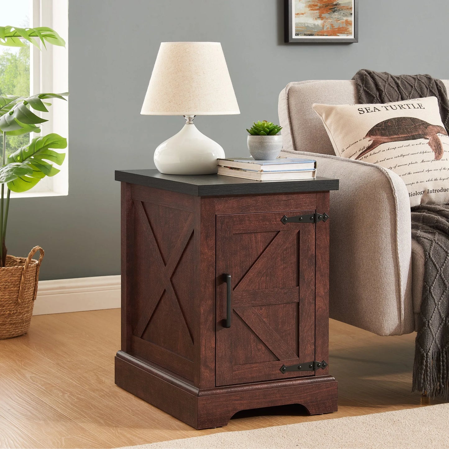 Farmhouse end table Nightstand Rectangular Farmhouse End Table with Barn Door and Adjustable Storage Shelf, Rustic Sofa Side Table for Living Room, Bedroom, OAK lifestyle view