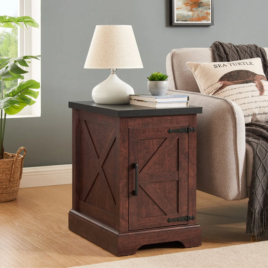 Farmhouse end table Nightstand Rectangular Farmhouse End Table with Barn Door and Adjustable Storage Shelf, Rustic Sofa Side Table for Living Room, Bedroom, OAK lifestyle view