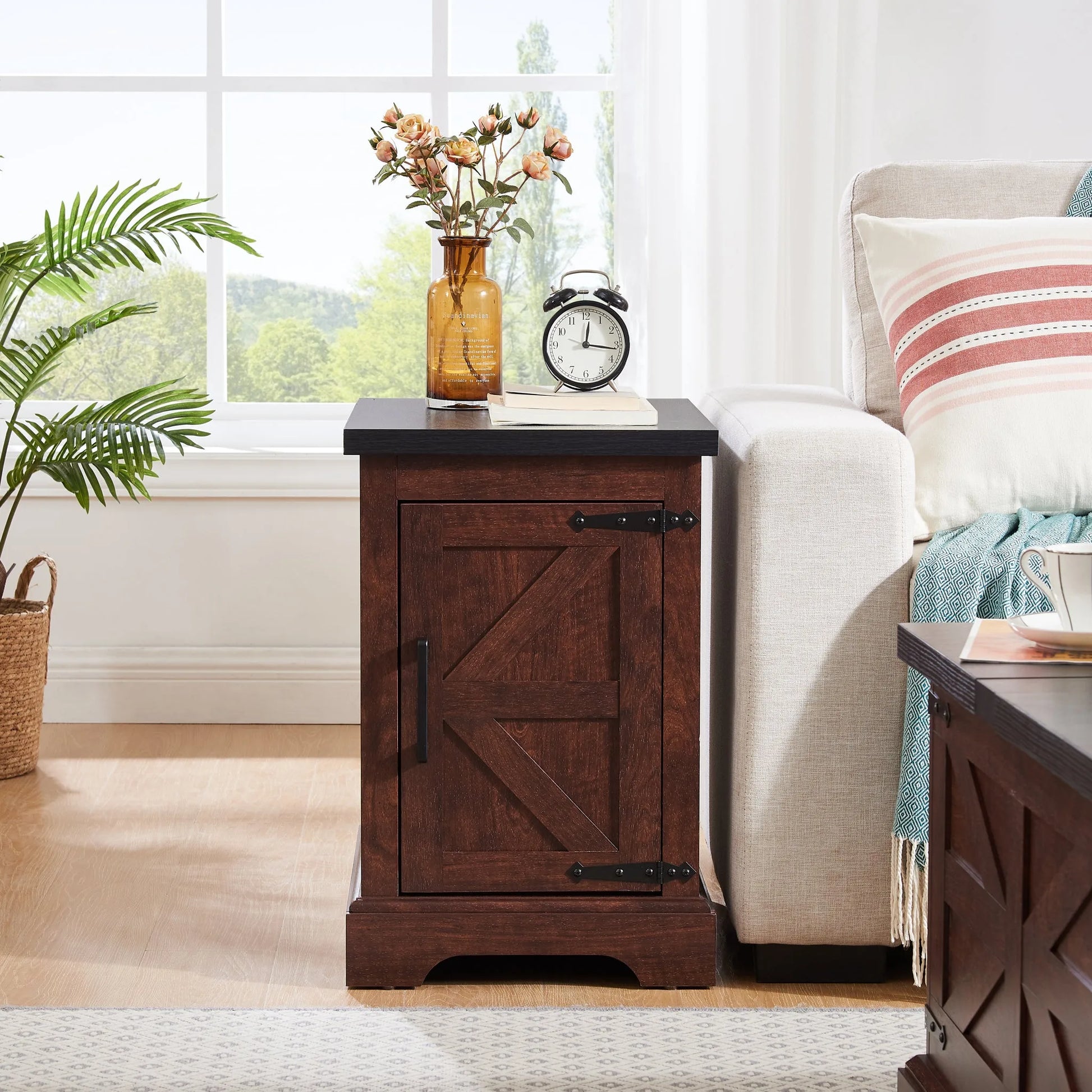 Farmhouse end table Nightstand Rectangular Farmhouse End Table with Barn Door and Adjustable Storage Shelf, Rustic Sofa Side Table for Living Room, Bedroom, OAK detail view 2