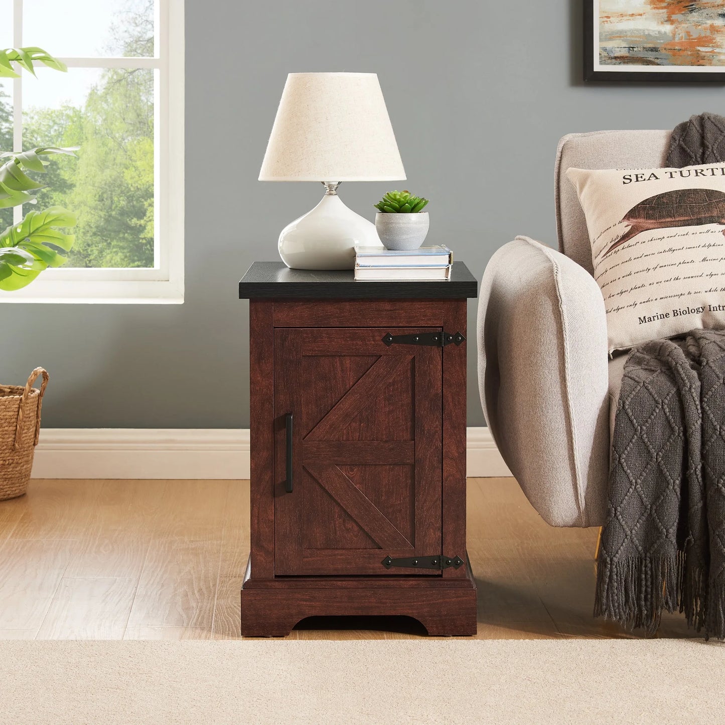 Farmhouse end table Nightstand Rectangular Farmhouse End Table with Barn Door and Adjustable Storage Shelf, Rustic Sofa Side Table for Living Room, Bedroom, OAK detail view 3