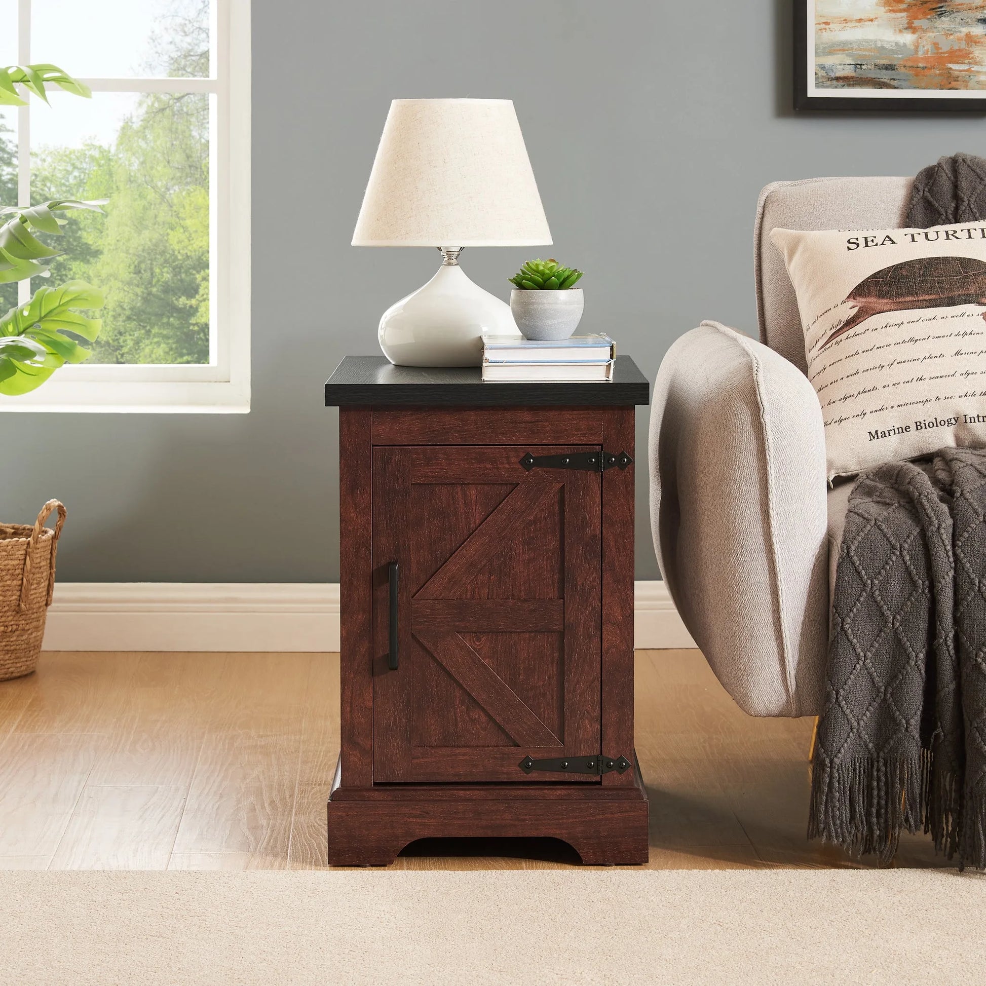 Farmhouse end table Nightstand Rectangular Farmhouse End Table with Barn Door and Adjustable Storage Shelf, Rustic Sofa Side Table for Living Room, Bedroom, OAK detail view 3
