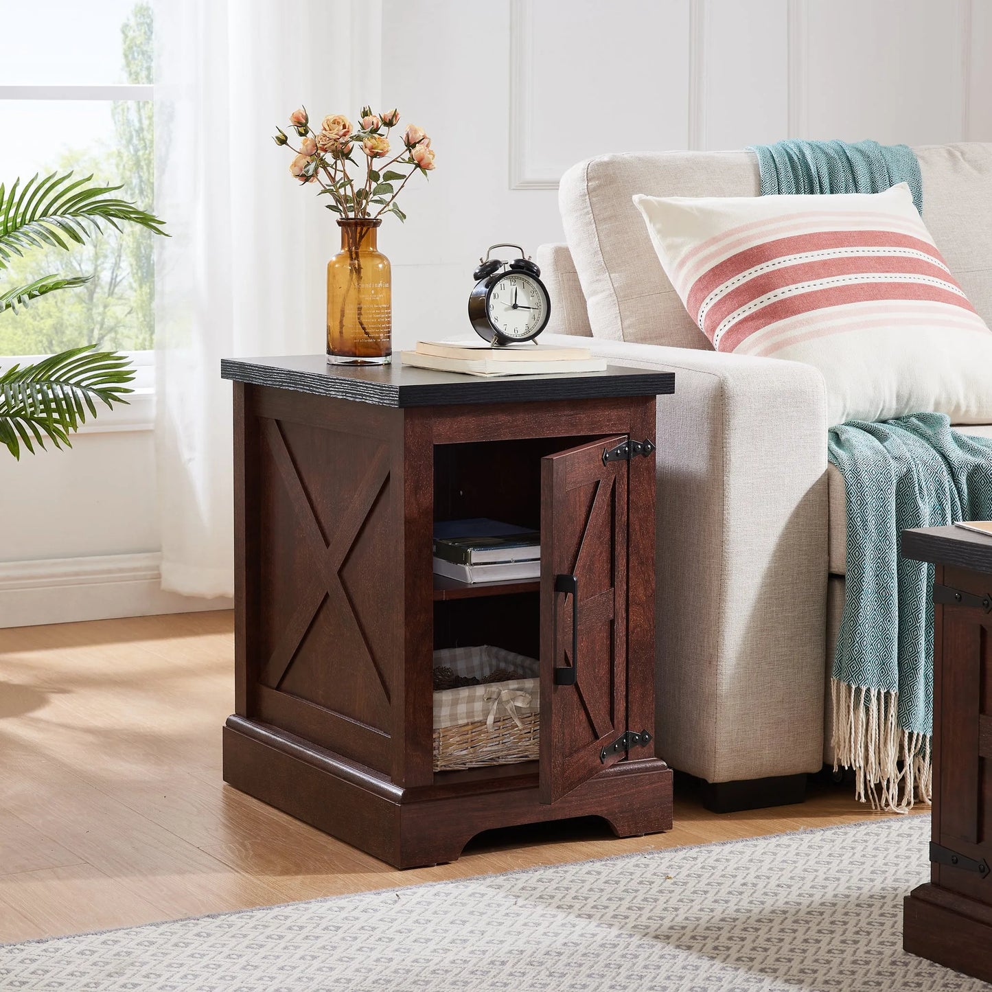 Farmhouse end table Nightstand Rectangular Farmhouse End Table with Barn Door and Adjustable Storage Shelf, Rustic Sofa Side Table for Living Room, Bedroom, OAK detail view 4