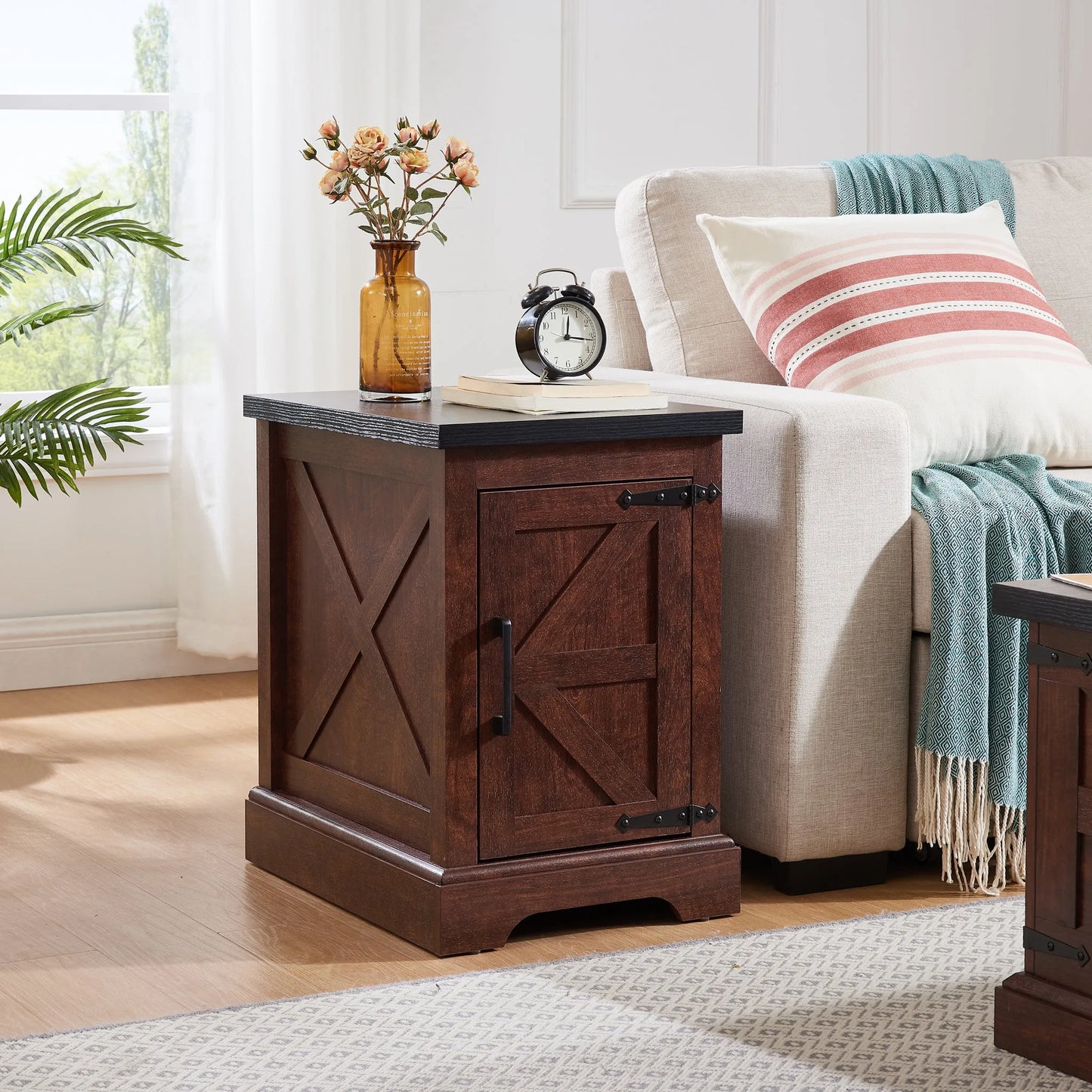Farmhouse end table Nightstand Rectangular Farmhouse End Table with Barn Door and Adjustable Storage Shelf, Rustic Sofa Side Table for Living Room, Bedroom, OAK detail view 5