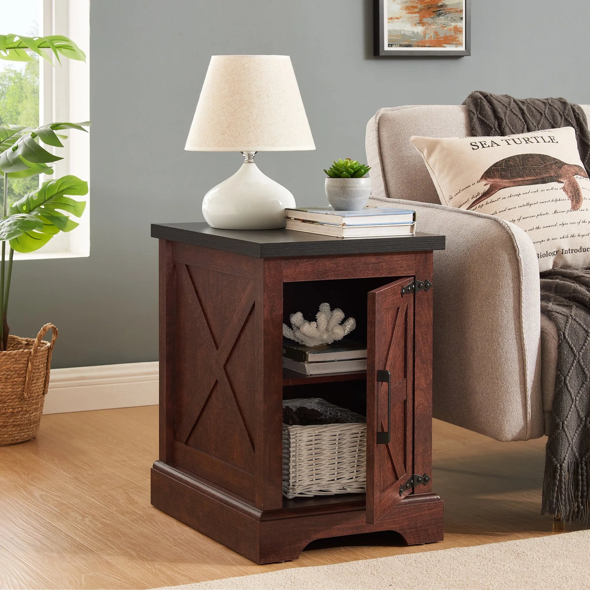 Farmhouse end table Nightstand Rectangular Farmhouse End Table with Barn Door and Adjustable Storage Shelf, Rustic Sofa Side Table for Living Room, Bedroom, OAK detail view 6