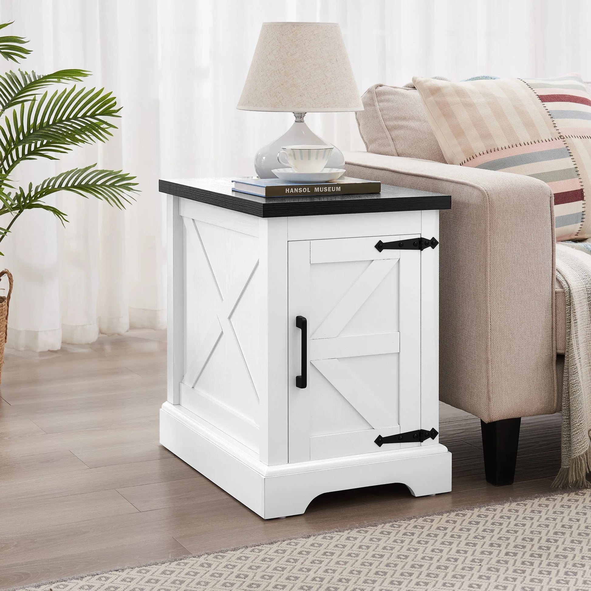 Farmhouse end table Nightstand Rectangular Farmhouse End Table with Barn Door and Adjustable Storage Shelf, Rustic Sofa Side Table for Living Room, Bedroom, OAK detail view 16