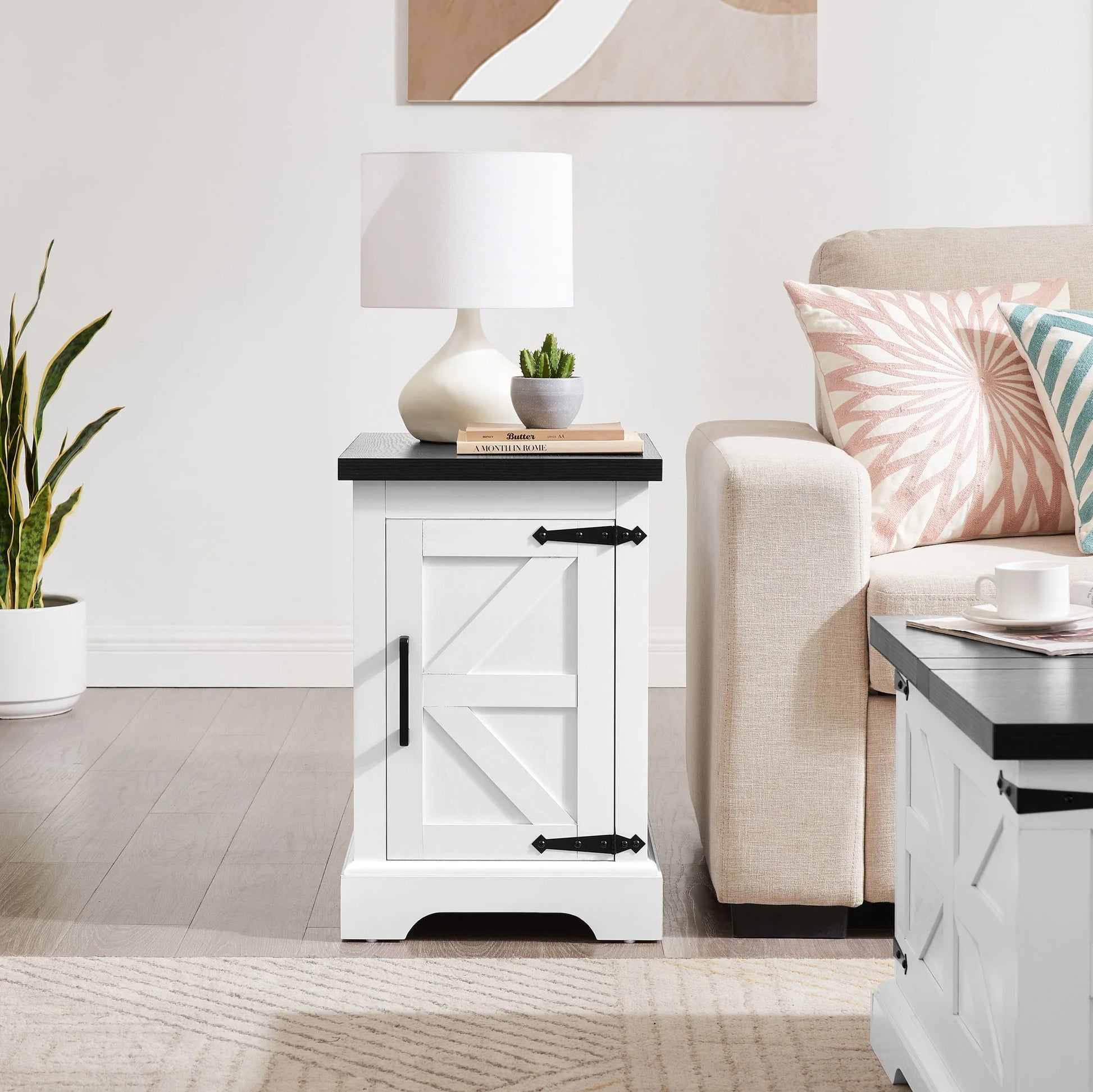 Farmhouse end table Nightstand Rectangular Farmhouse End Table with Barn Door and Adjustable Storage Shelf, Rustic Sofa Side Table for Living Room, Bedroom, OAK detail view 17