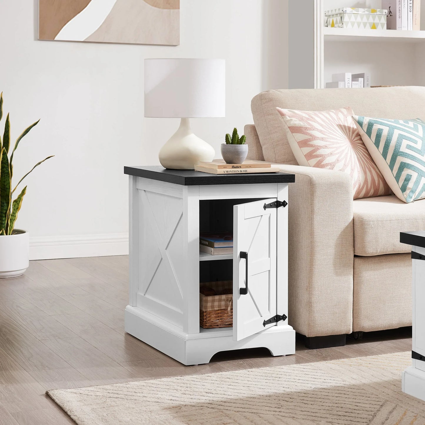 Farmhouse end table Nightstand Rectangular Farmhouse End Table with Barn Door and Adjustable Storage Shelf, Rustic Sofa Side Table for Living Room, Bedroom, OAK detail view 19